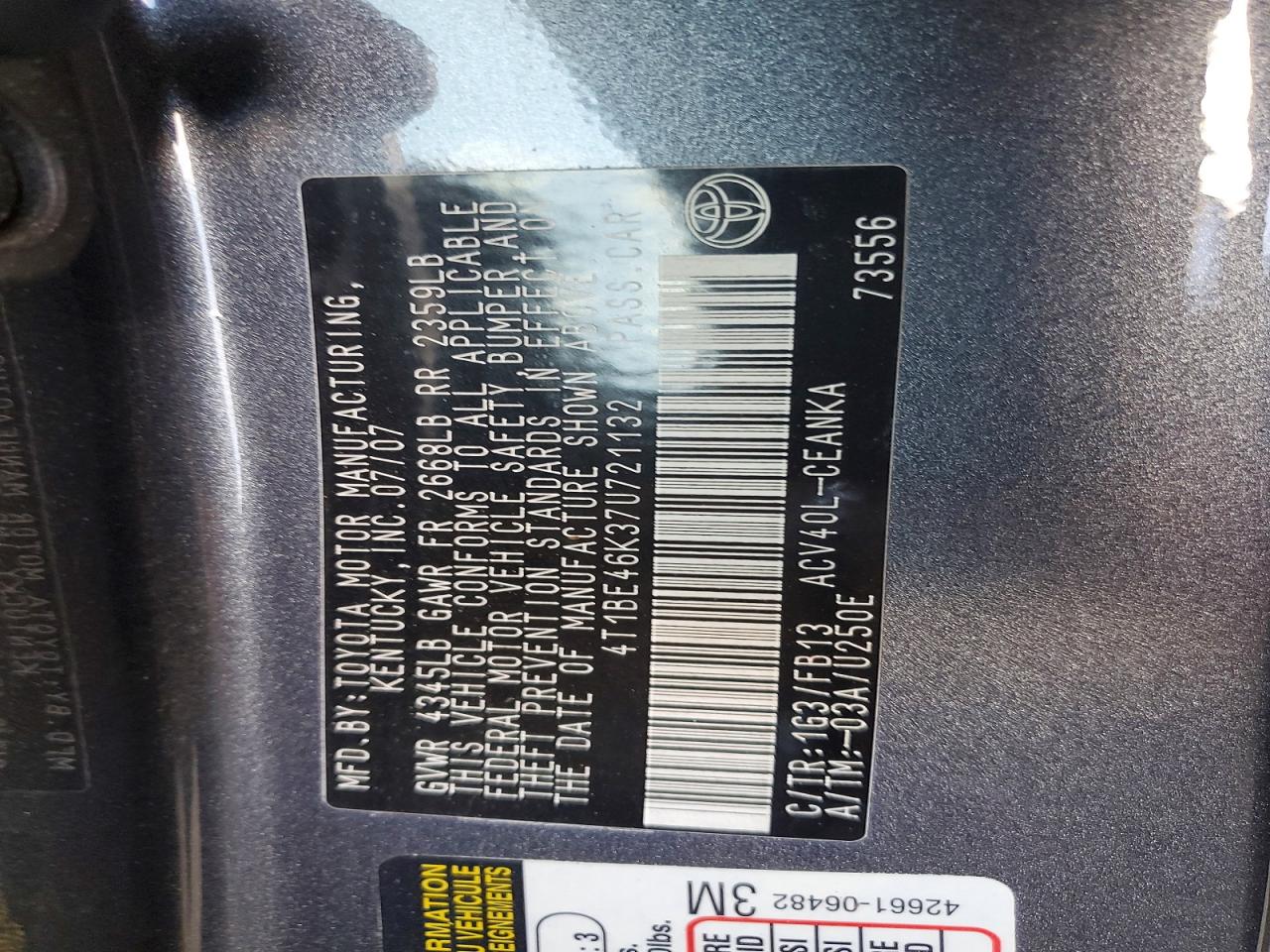 2007 Toyota Camry Le Charcoal vin: 4T1BE46K37U721132