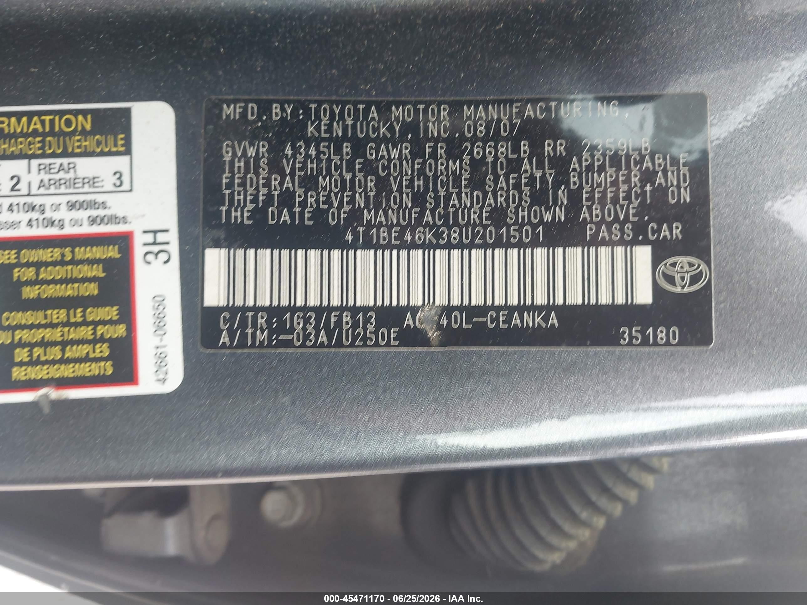 2008 Toyota Camry Le Blue vin: 4T1BE46K38U201501