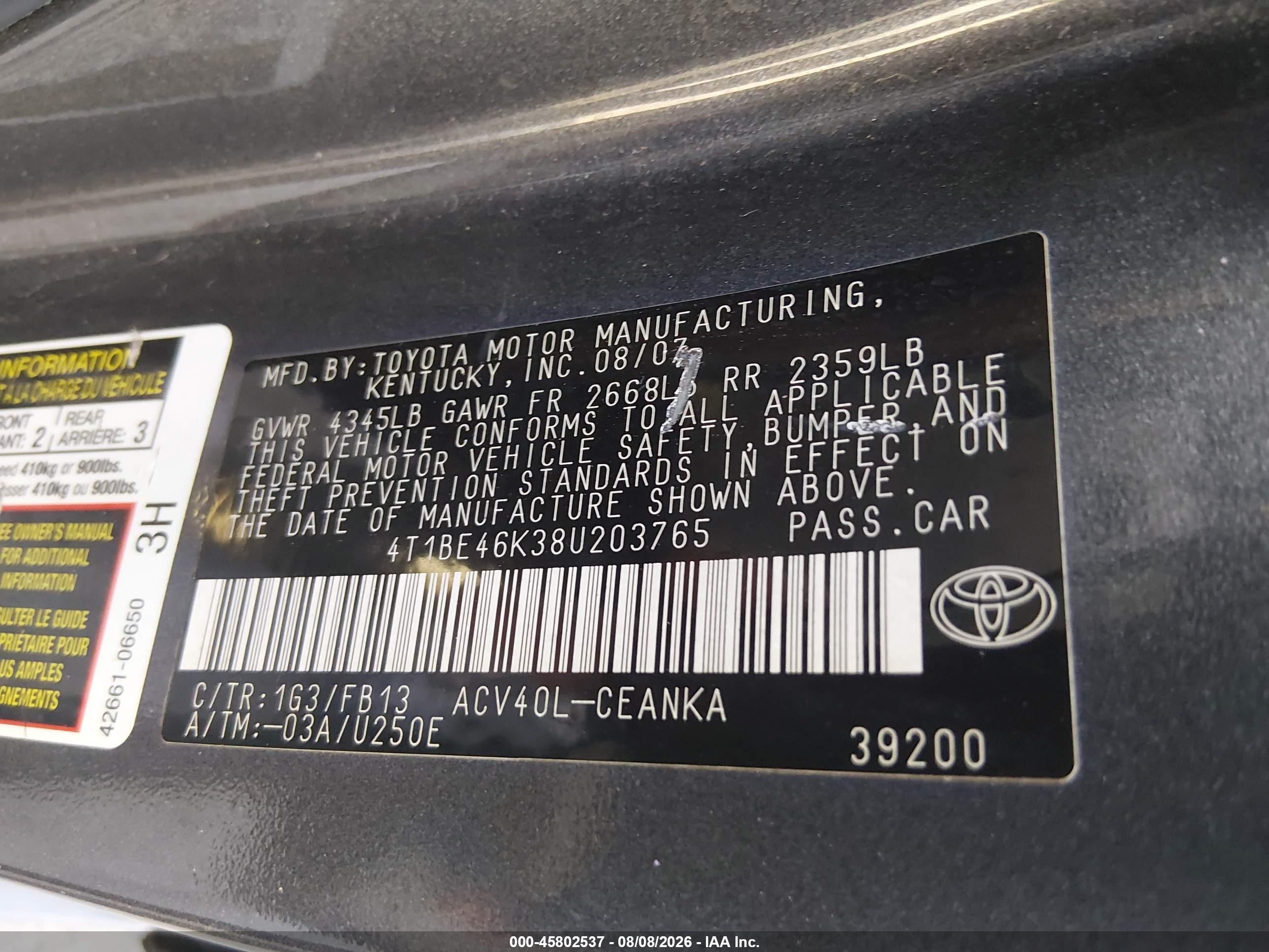 2008 Toyota Camry Le Gray vin: 4T1BE46K38U203765