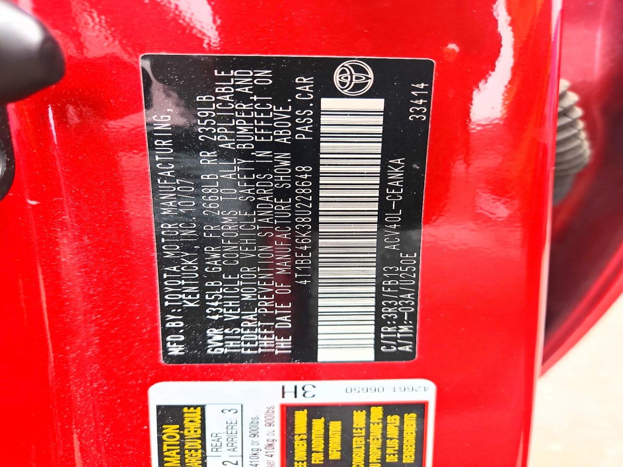 2008 Toyota Camry Le Red vin: 4T1BE46K38U228648