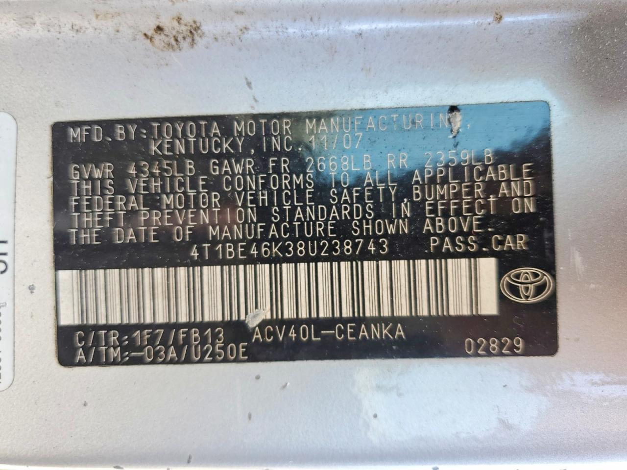 2008 Toyota Camry Base Серый vin: 4T1BE46K38U238743