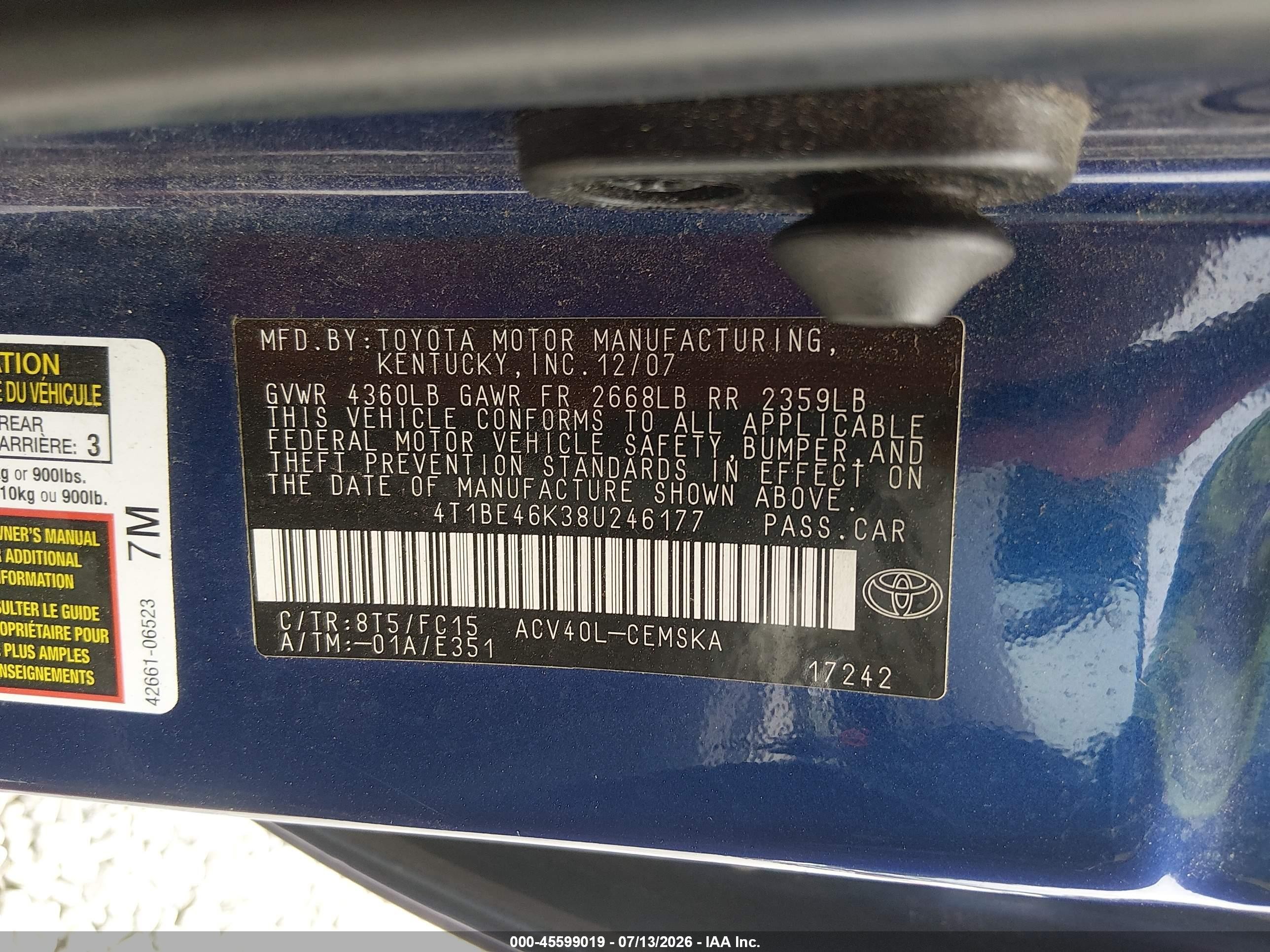 2008 Toyota Camry Se Blue vin: 4T1BE46K38U246177