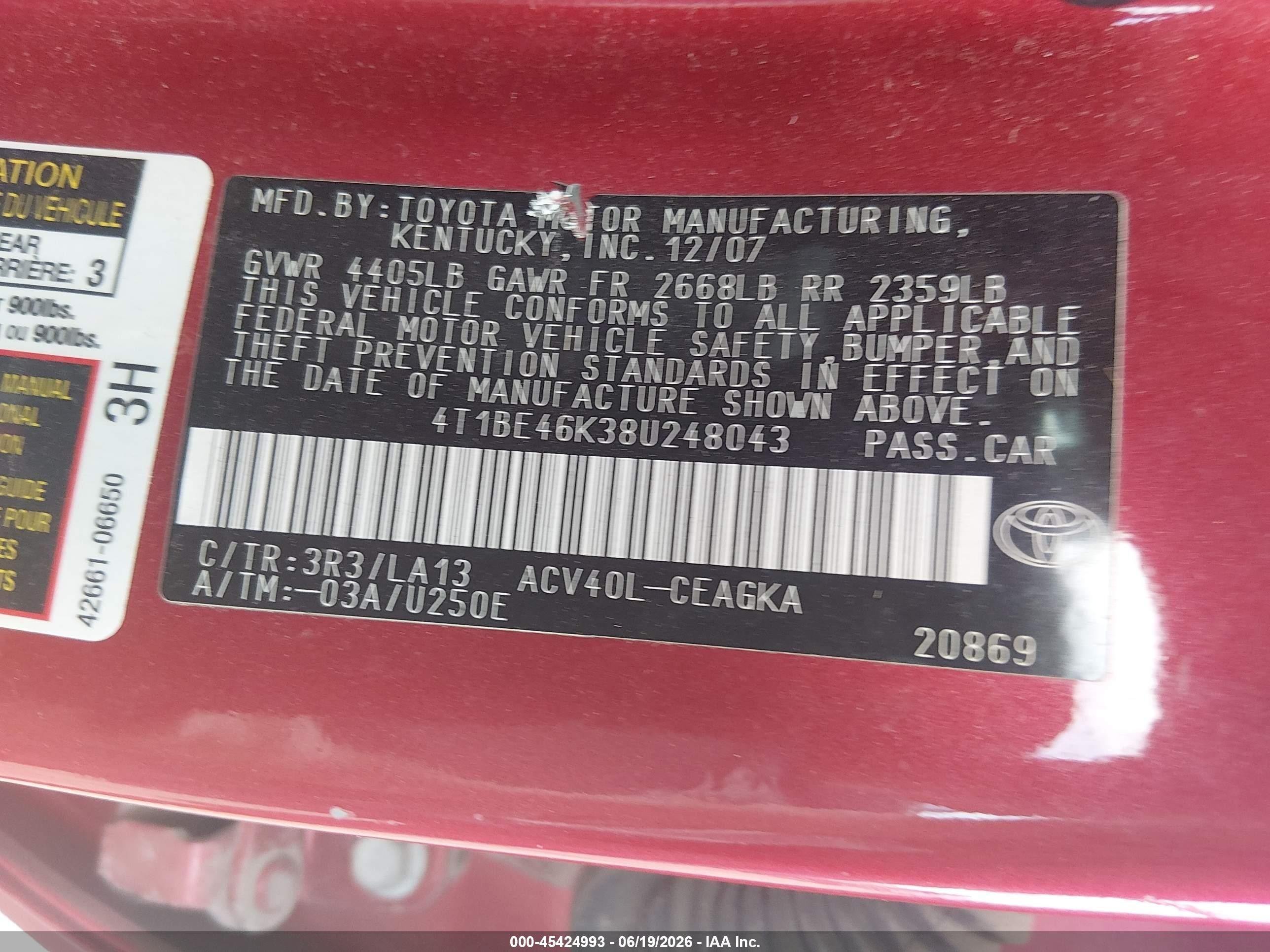 2008 Toyota Camry Xle Red vin: 4T1BE46K38U248043