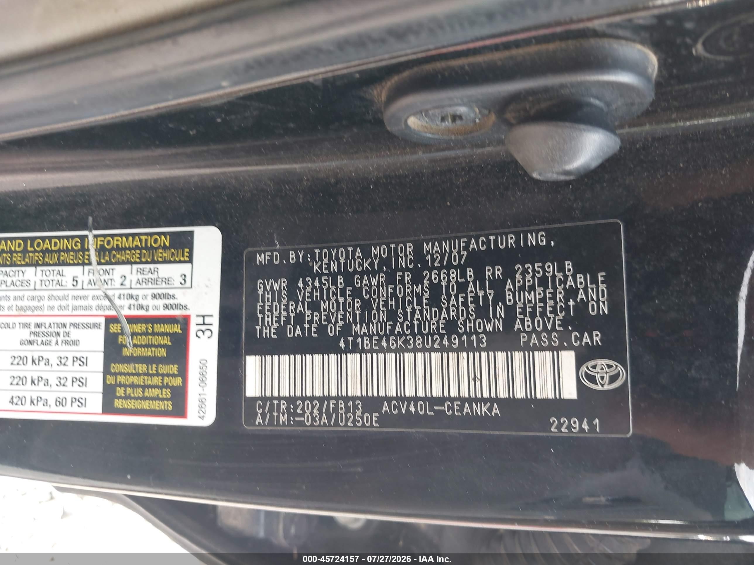 2008 Toyota Camry Ce/le/xle/se Черный vin: 4T1BE46K38U249113
