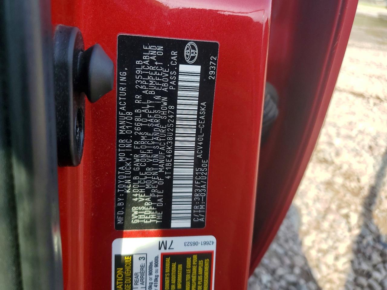 2008 Toyota Camry Se Red vin: 4T1BE46K38U252478