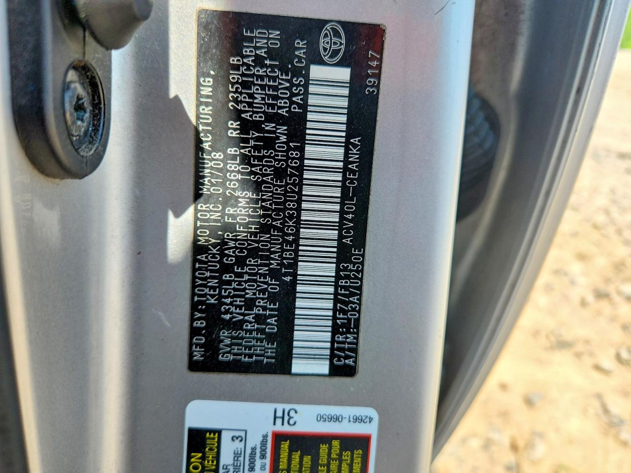 2008 Toyota Camry Le Silver vin: 4T1BE46K38U257681
