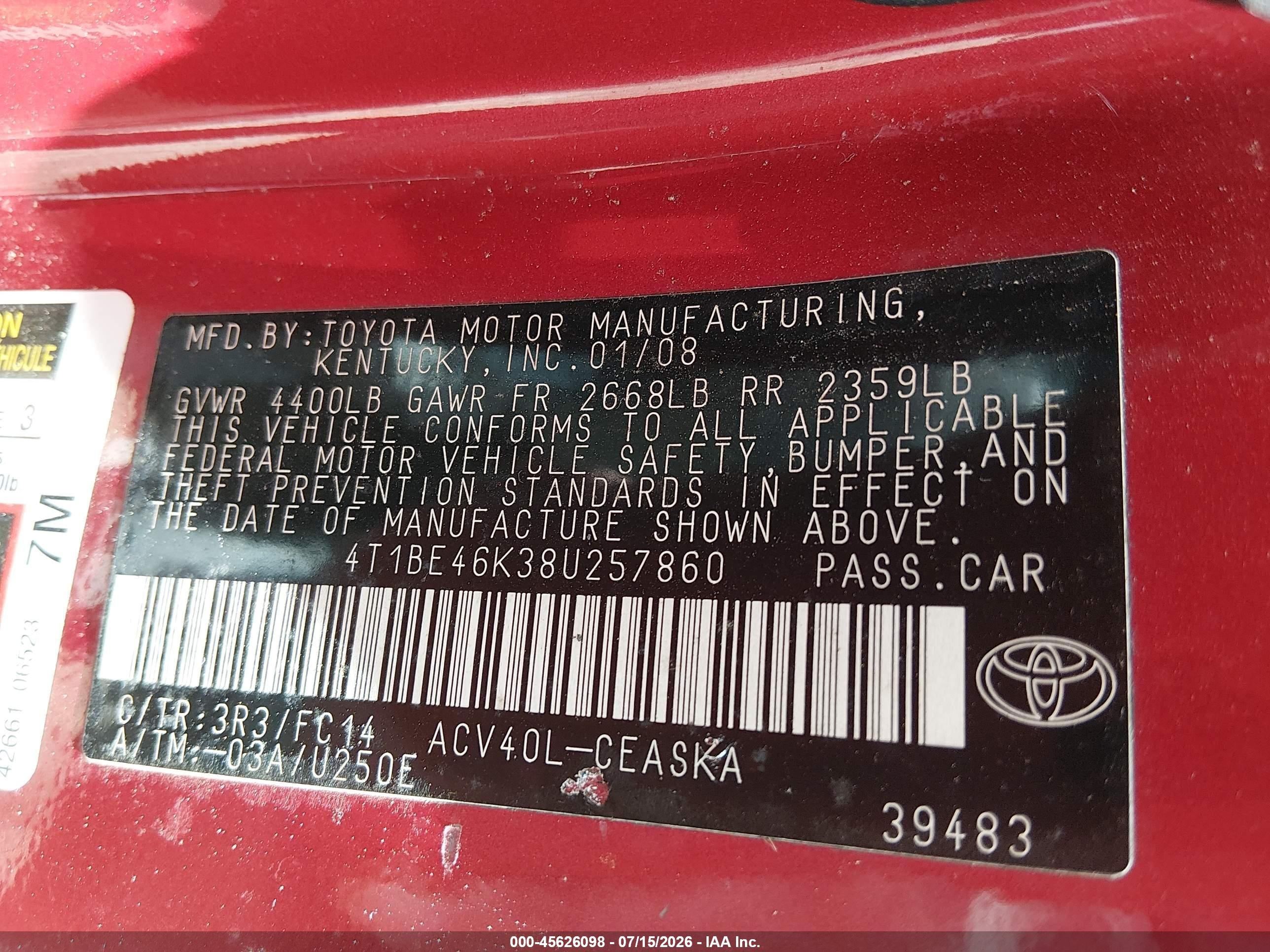 2008 Toyota Camry Se Red vin: 4T1BE46K38U257860