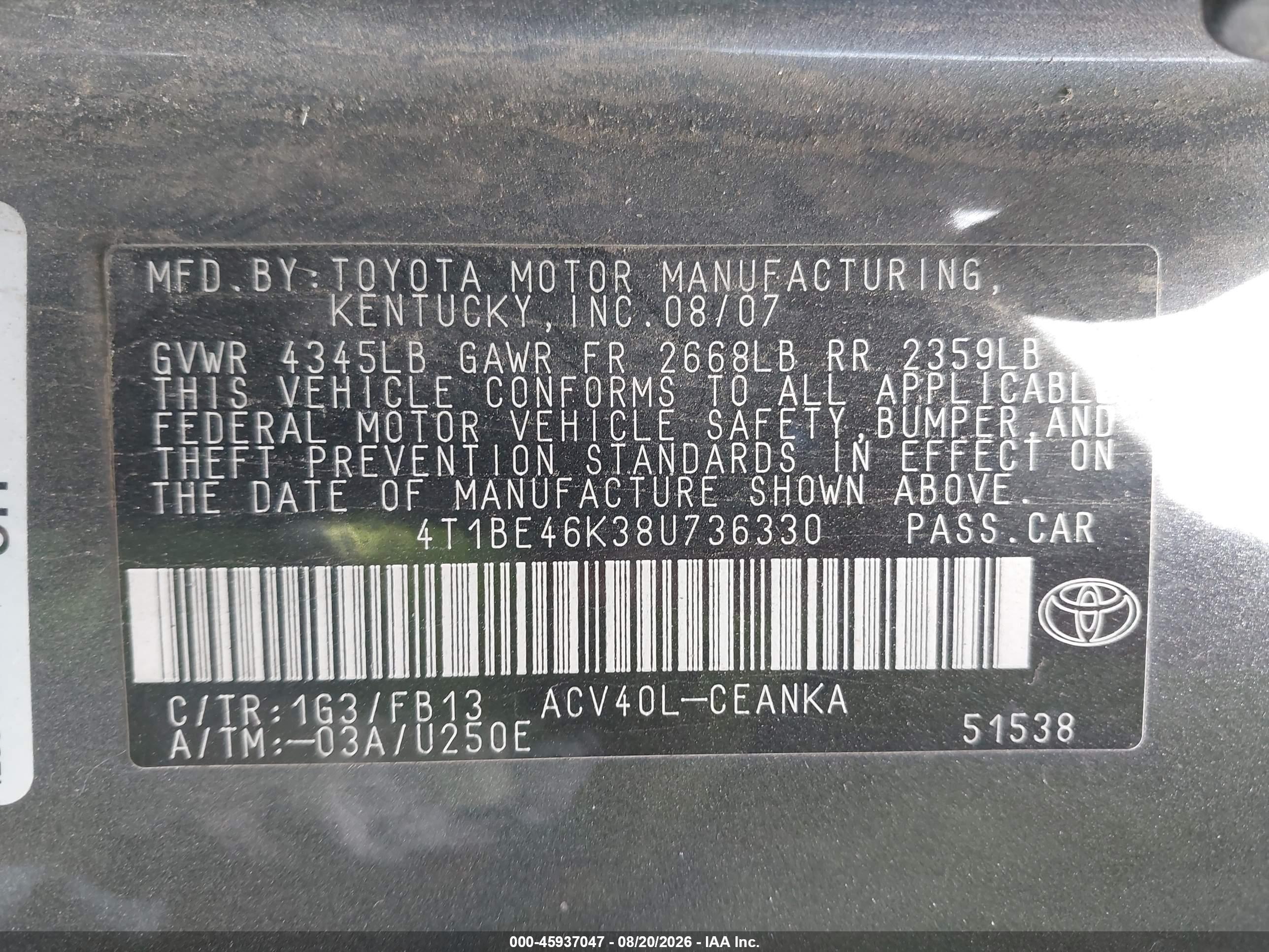 2008 Toyota Camry Le Gray vin: 4T1BE46K38U736330