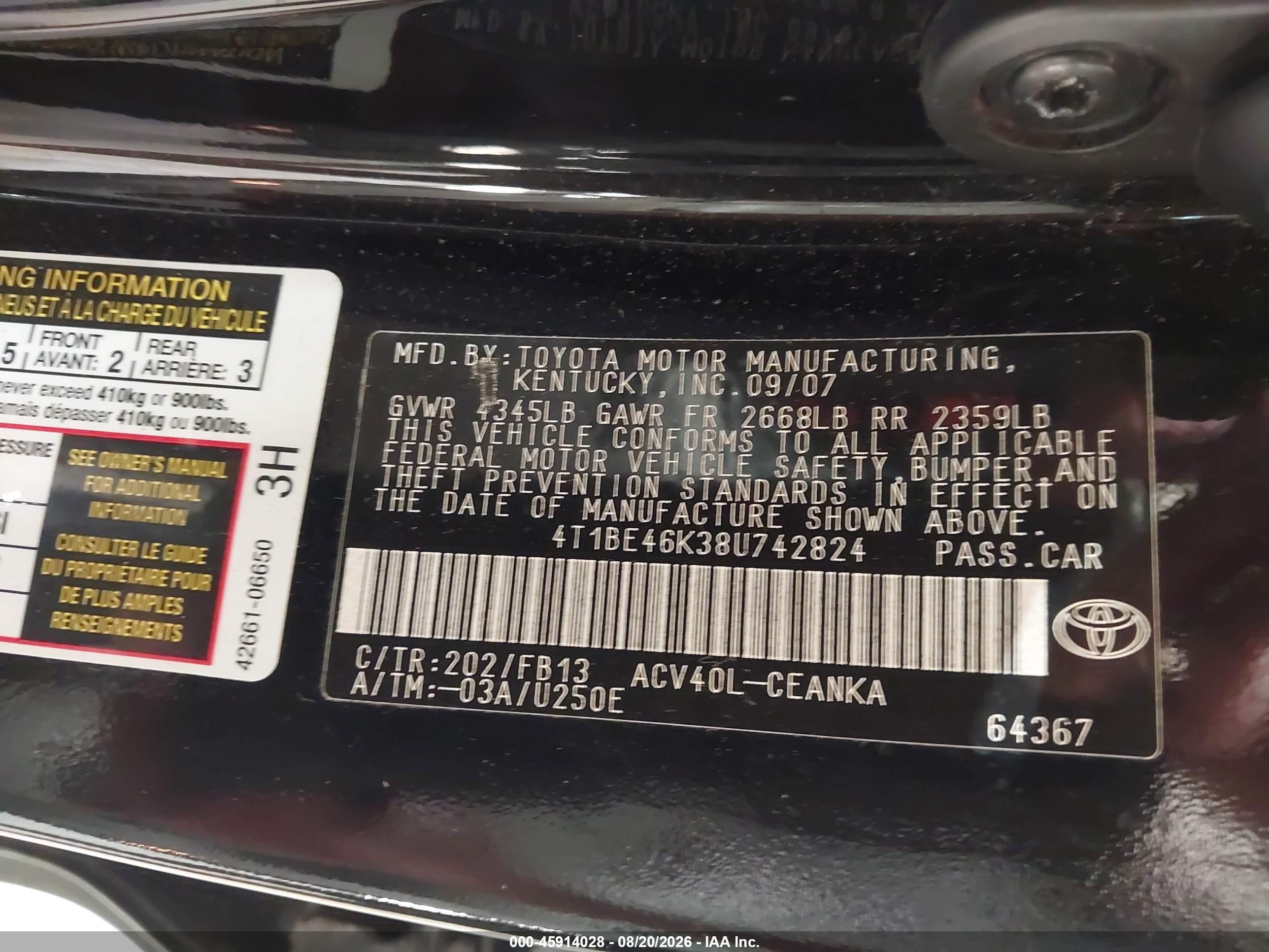2008 Toyota Camry Black vin: 4T1BE46K38U742824