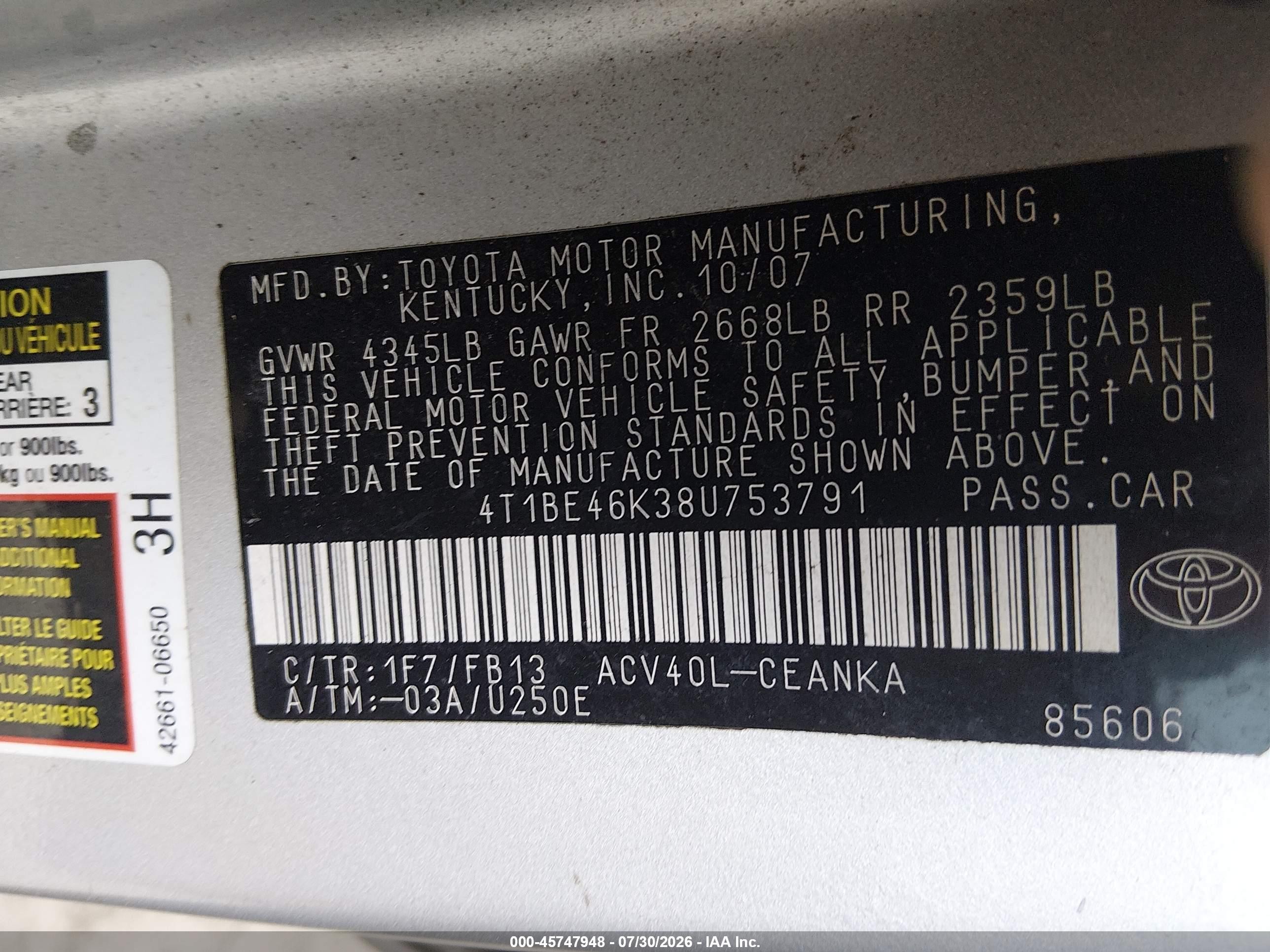 2008 Toyota Camry Le Silver vin: 4T1BE46K38U753791