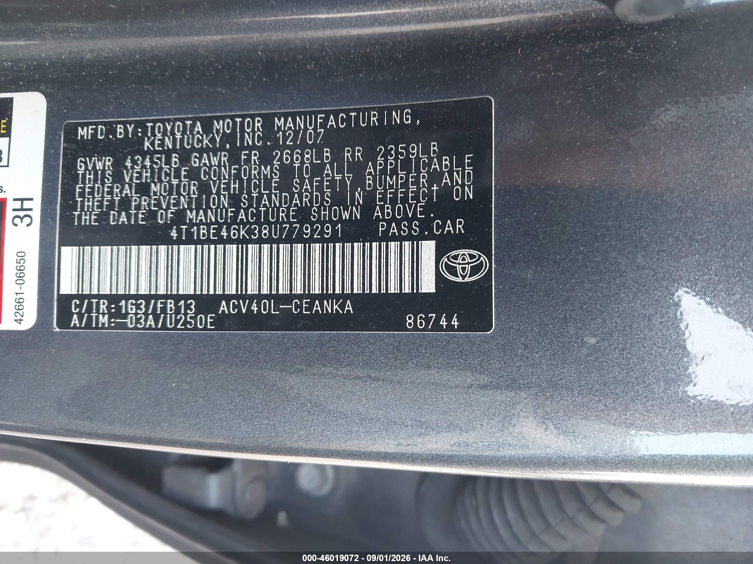 2008 Toyota Camry Le Gray vin: 4T1BE46K38U779291