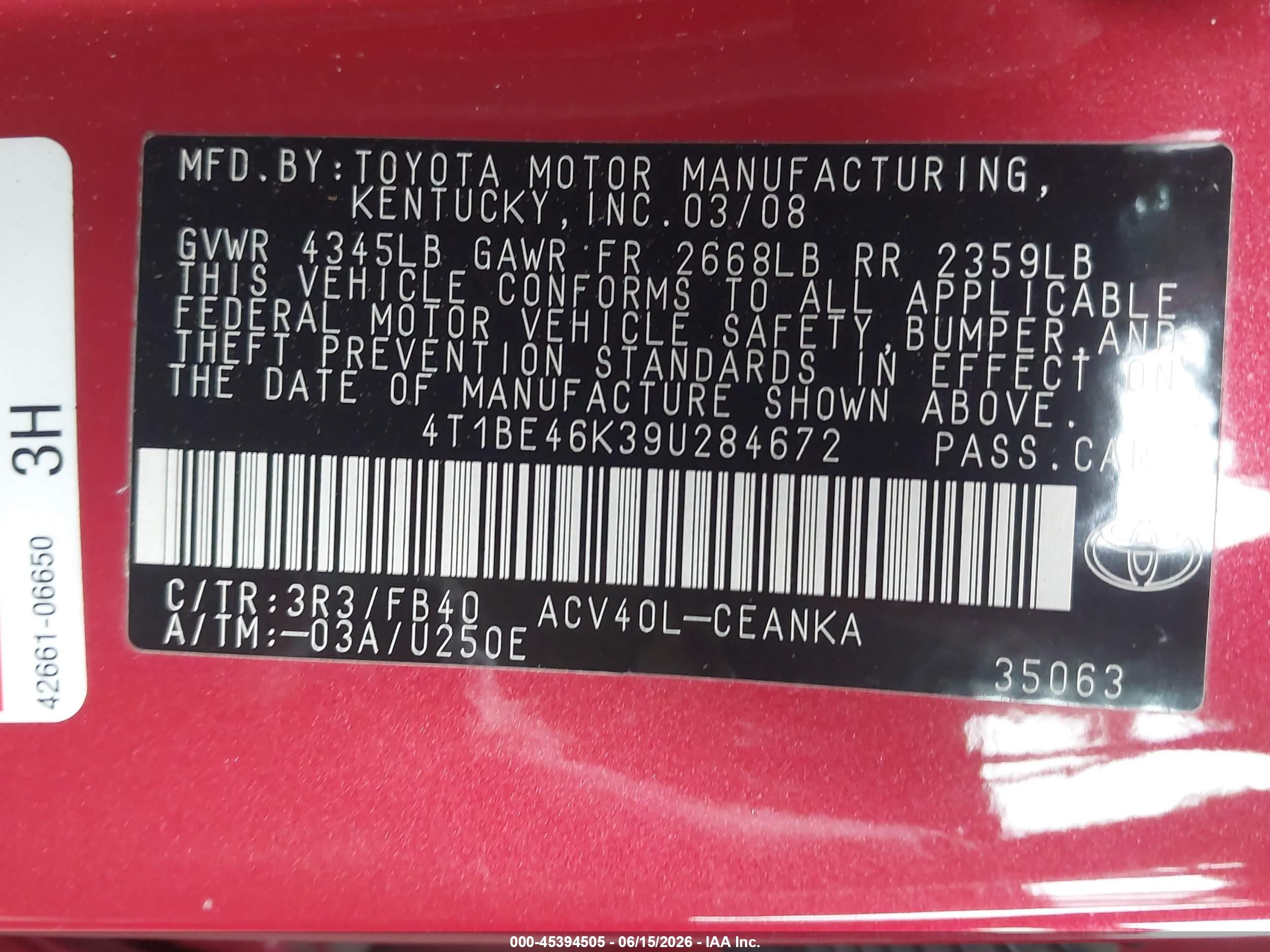 2009 Toyota Camry Le Red vin: 4T1BE46K39U284672