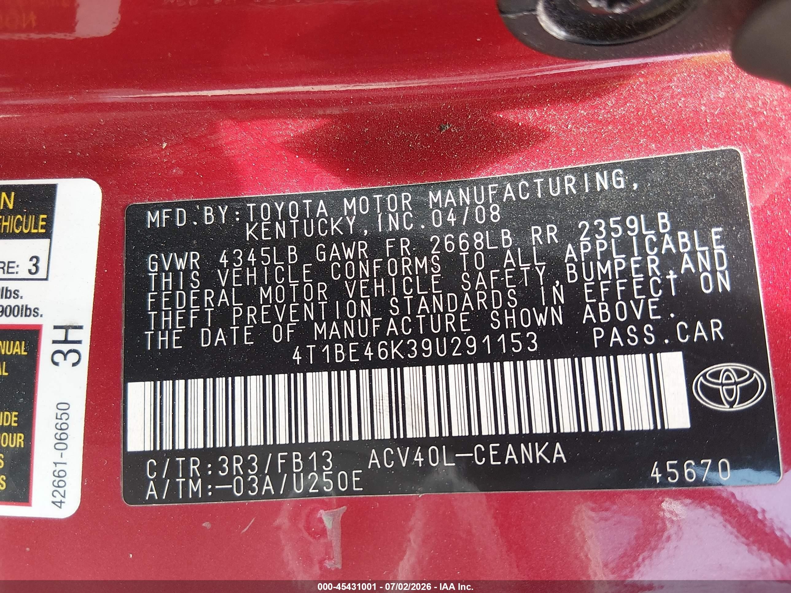 2009 Toyota Camry Le Red vin: 4T1BE46K39U291153