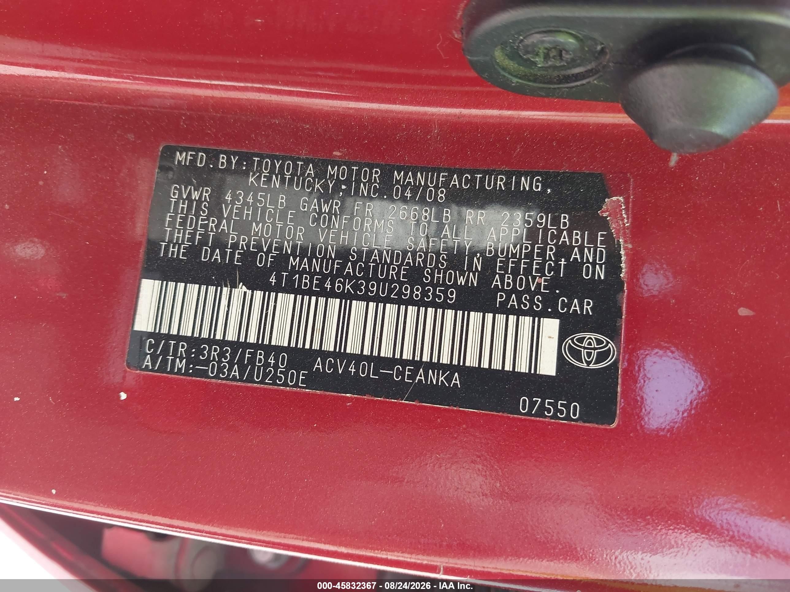 2009 Toyota Camry Le Розовый vin: 4T1BE46K39U298359