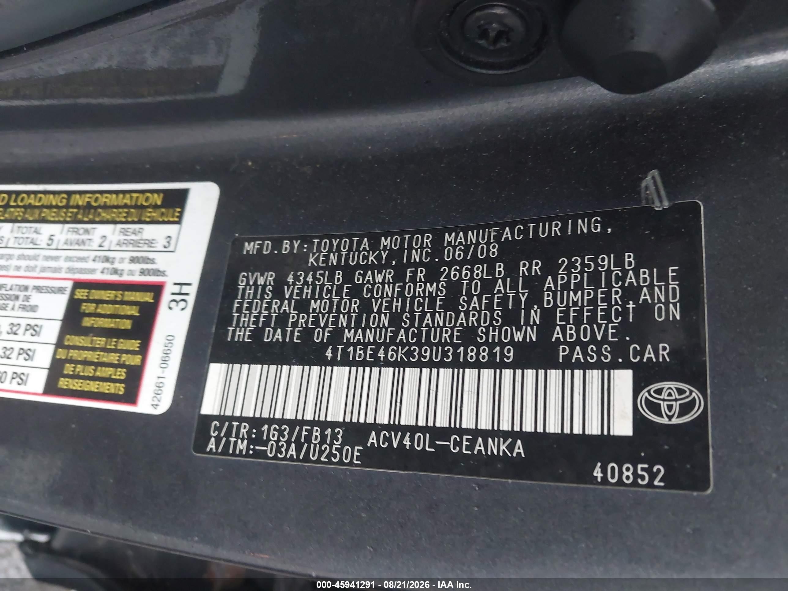 2009 Toyota Camry Le Black vin: 4T1BE46K39U318819