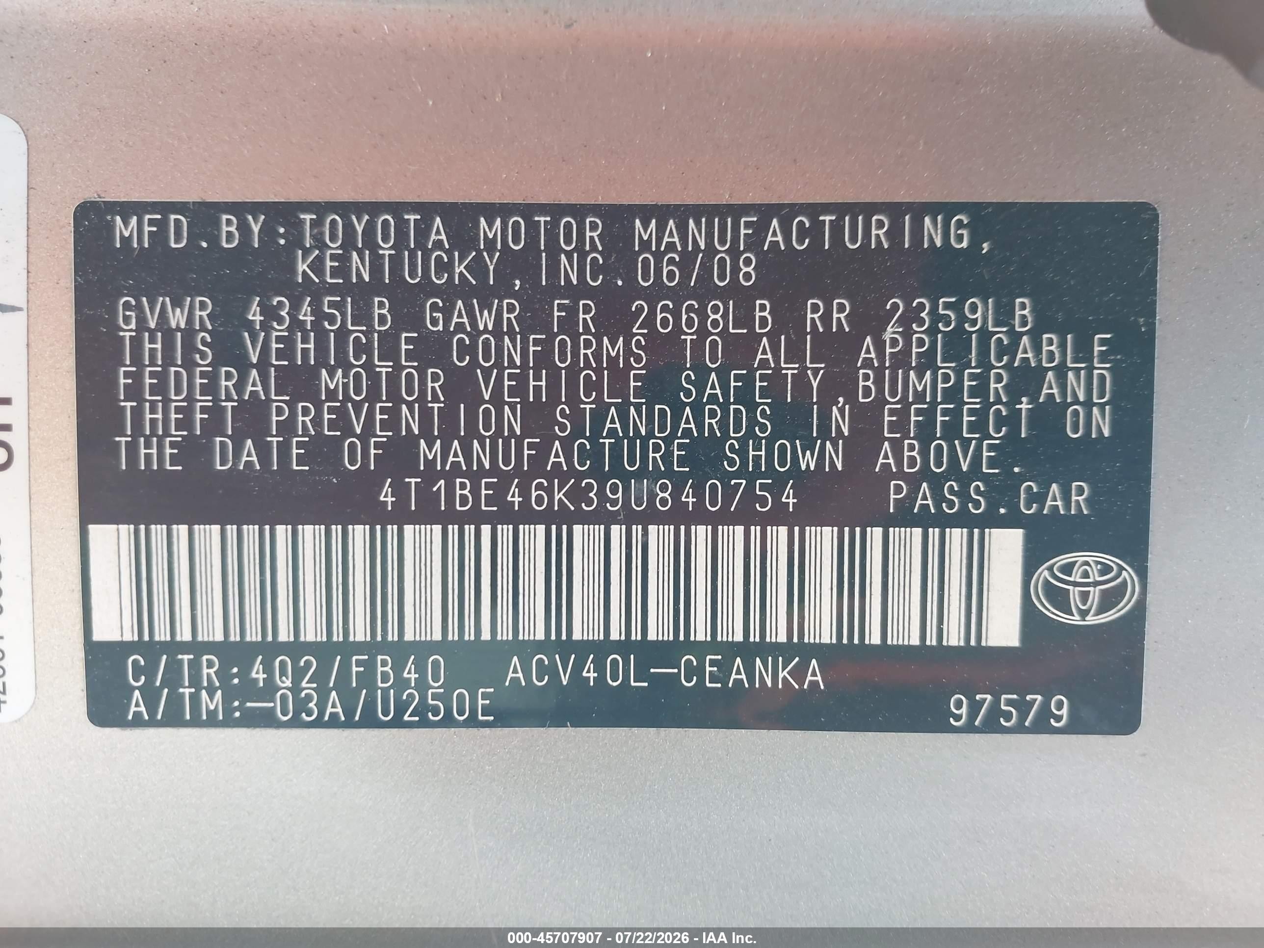 2009 Toyota Camry Le Золотой vin: 4T1BE46K39U840754