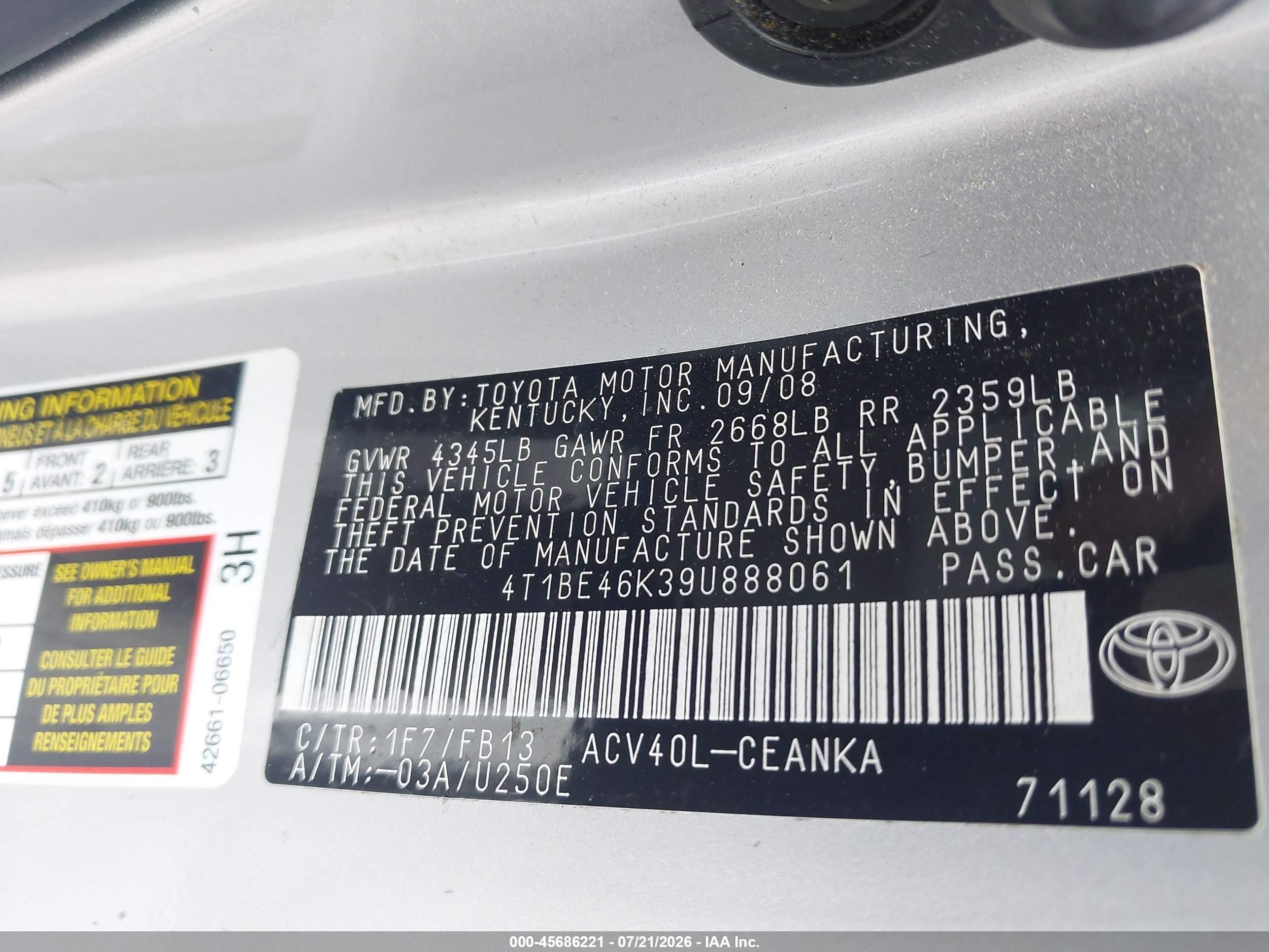 2009 Toyota Camry Le Silver vin: 4T1BE46K39U888061