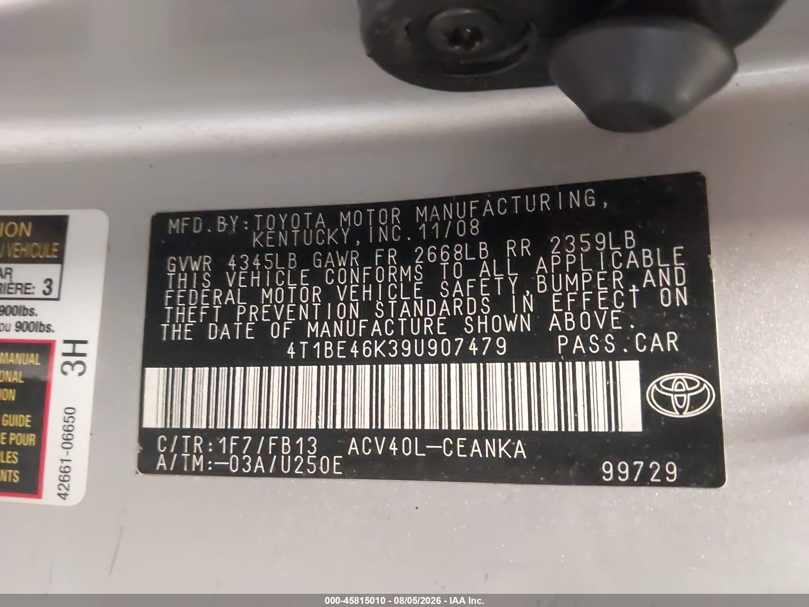 2009 Toyota Camry Le Silver vin: 4T1BE46K39U907479