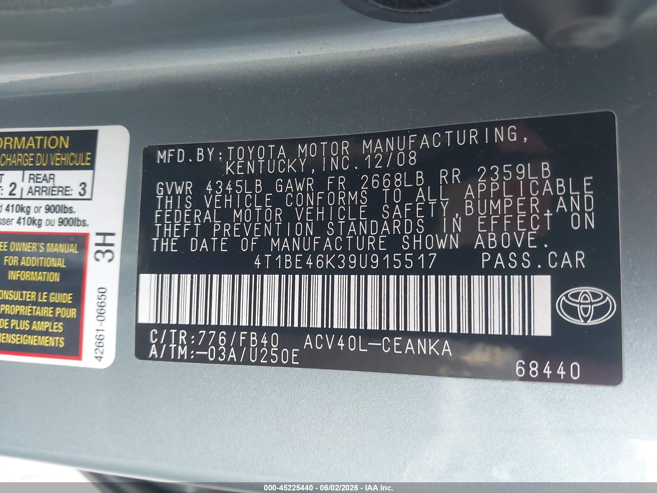 2009 Toyota Camry Le Blue vin: 4T1BE46K39U915517