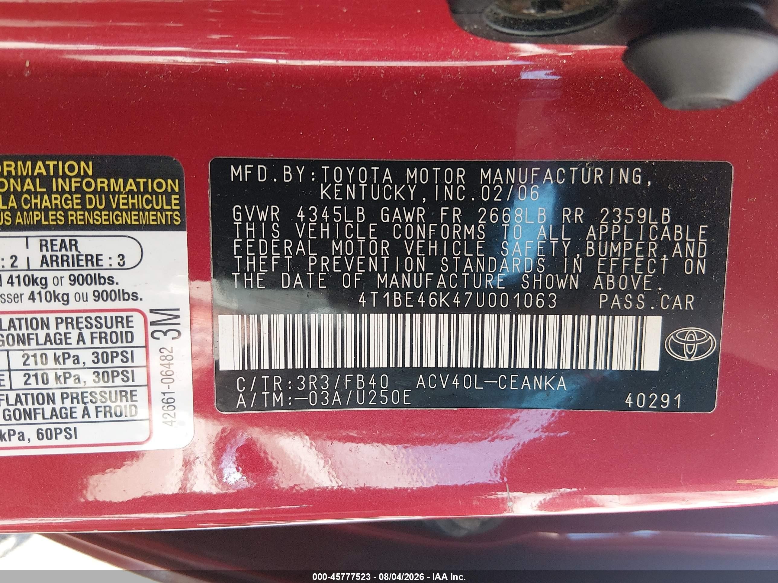 2007 Toyota Camry Le Red vin: 4T1BE46K47U001063