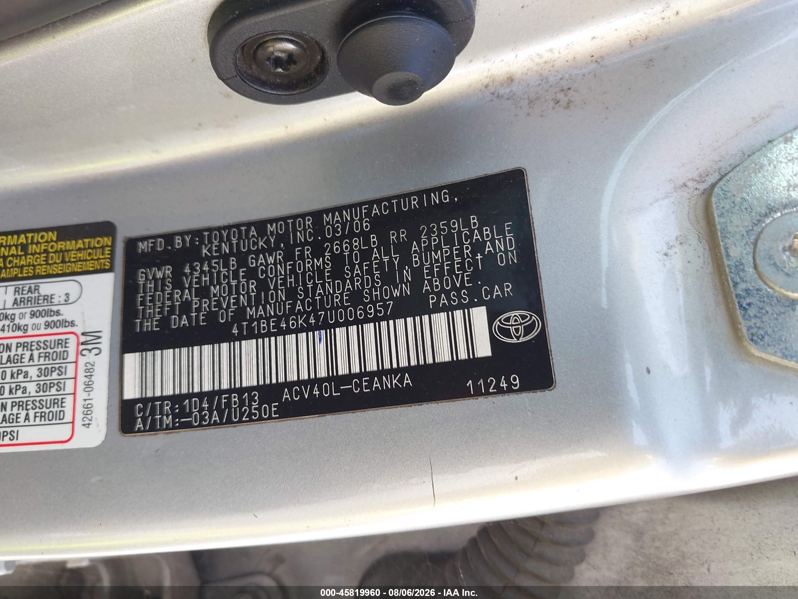 2007 Toyota Camry Le Silver vin: 4T1BE46K47U006957