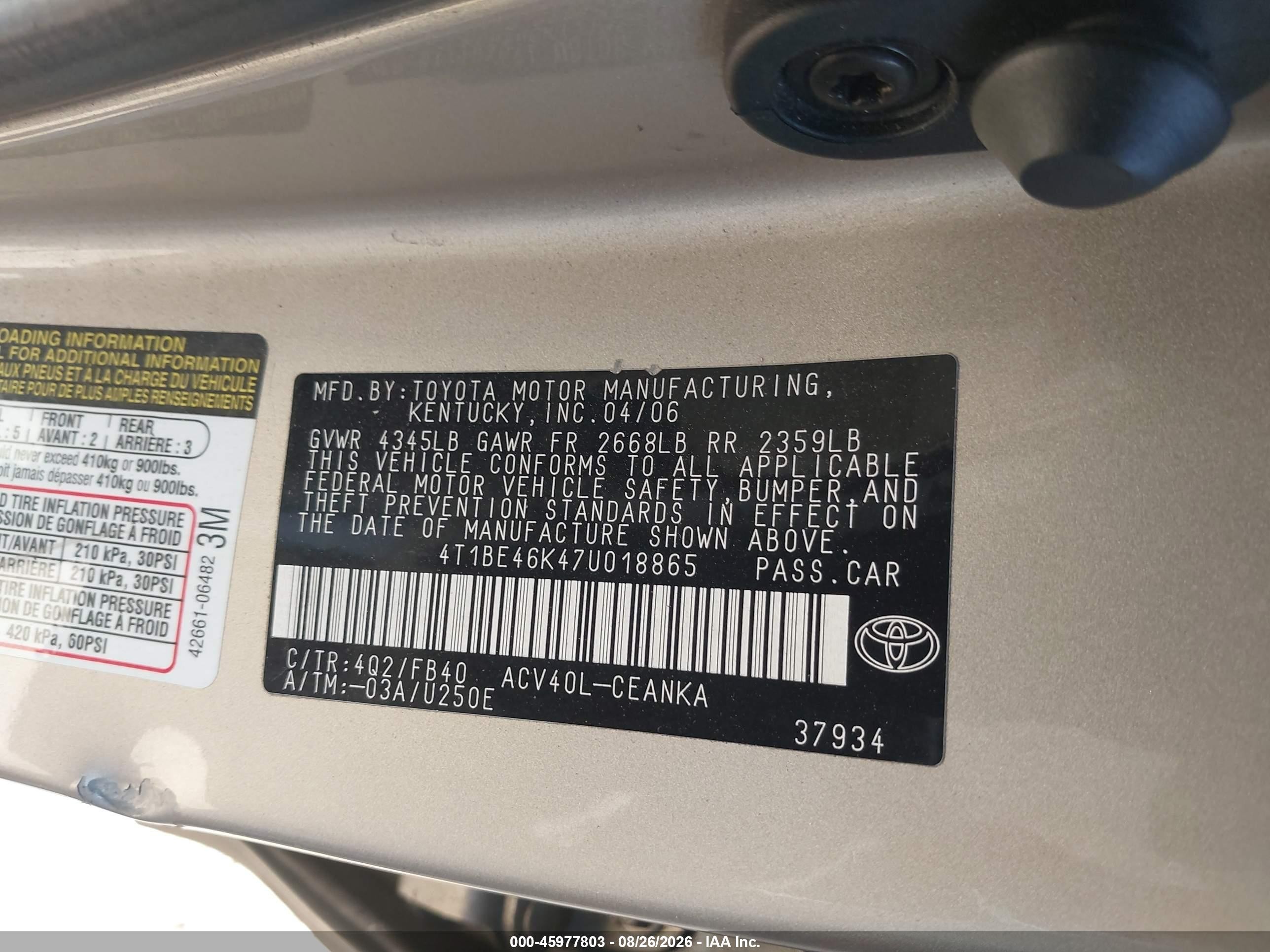 2007 Toyota Camry Le Champagne vin: 4T1BE46K47U018865