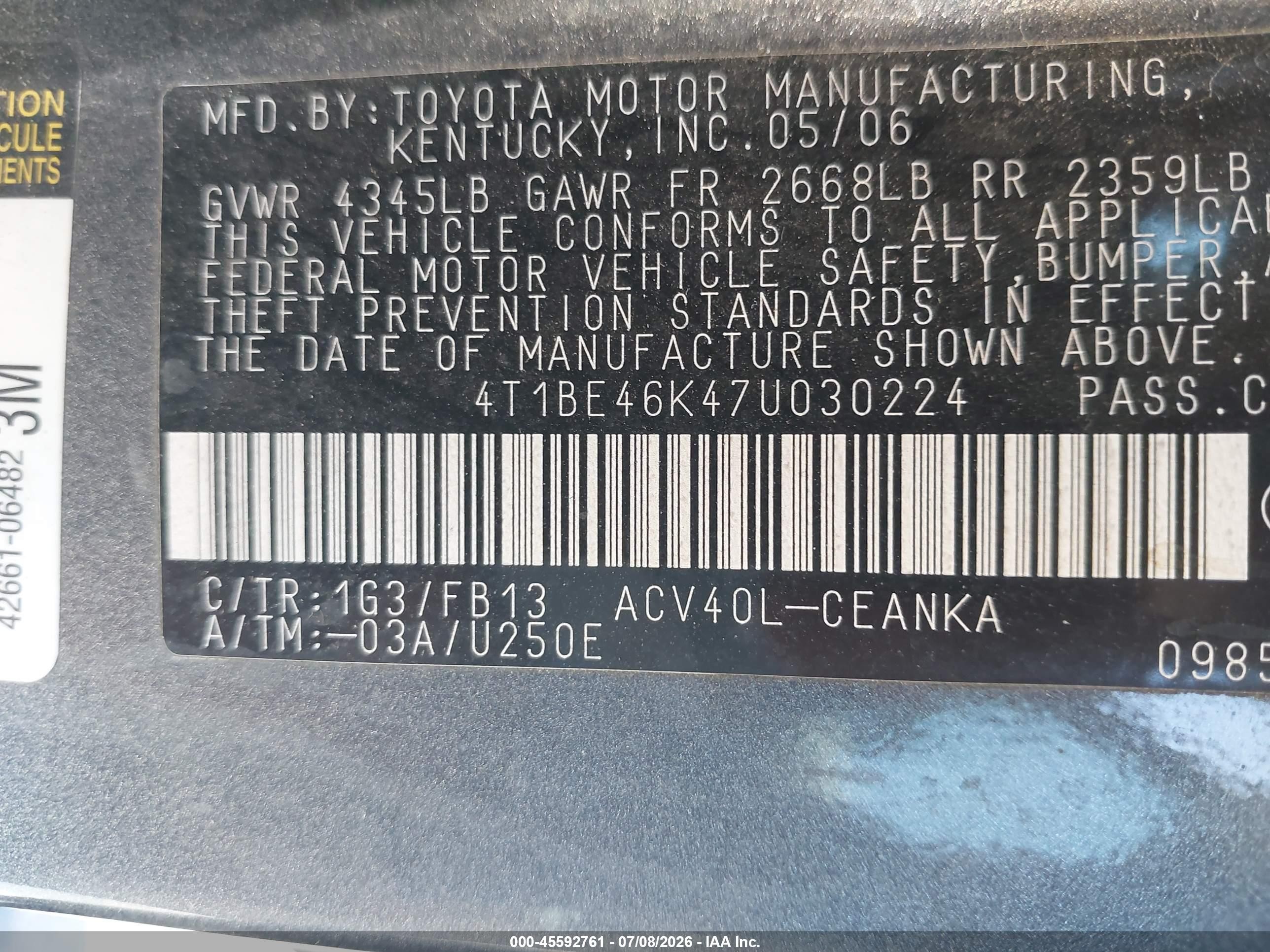 2007 Toyota Camry Le Gray vin: 4T1BE46K47U030224