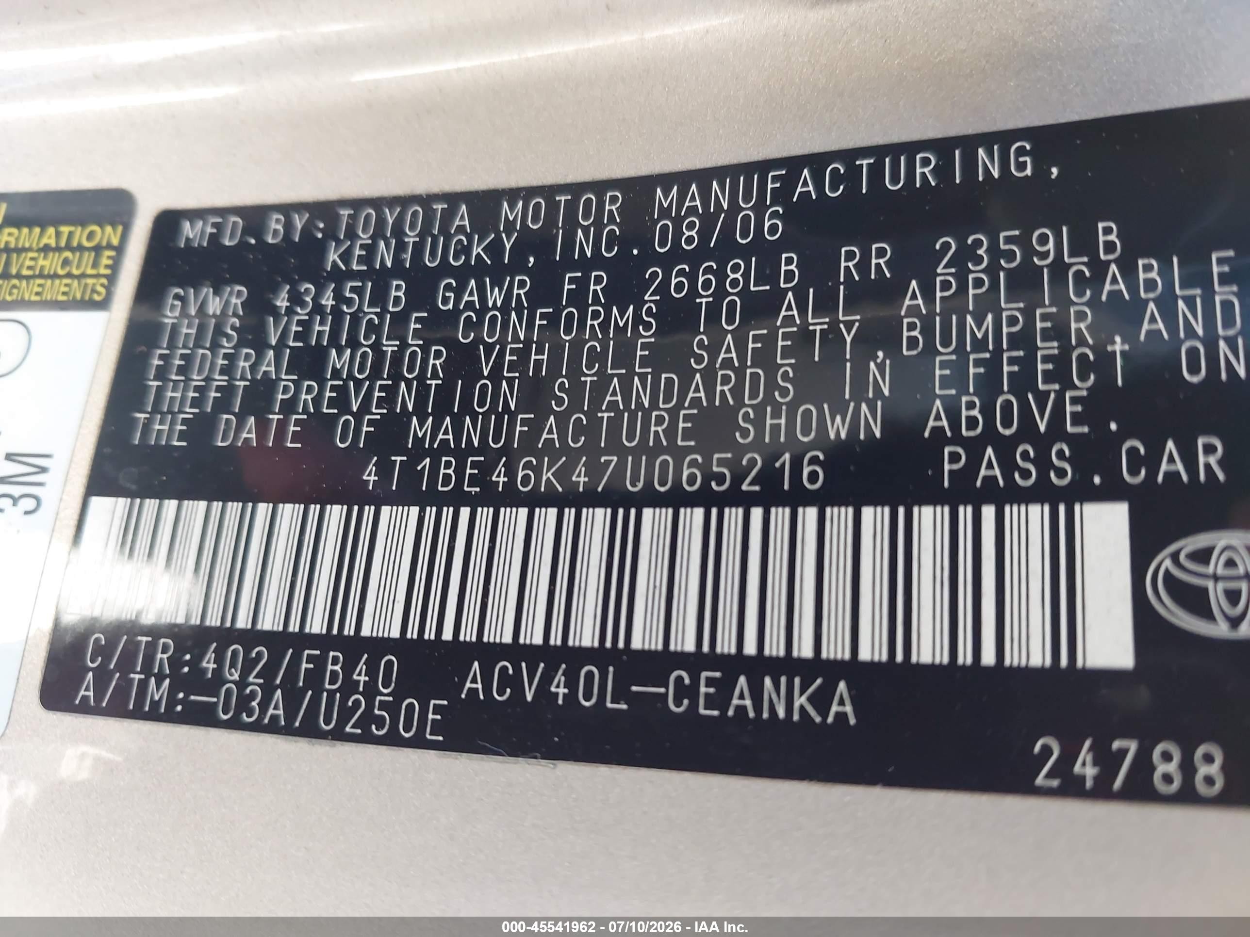 2007 Toyota Camry Le Золотой vin: 4T1BE46K47U065216