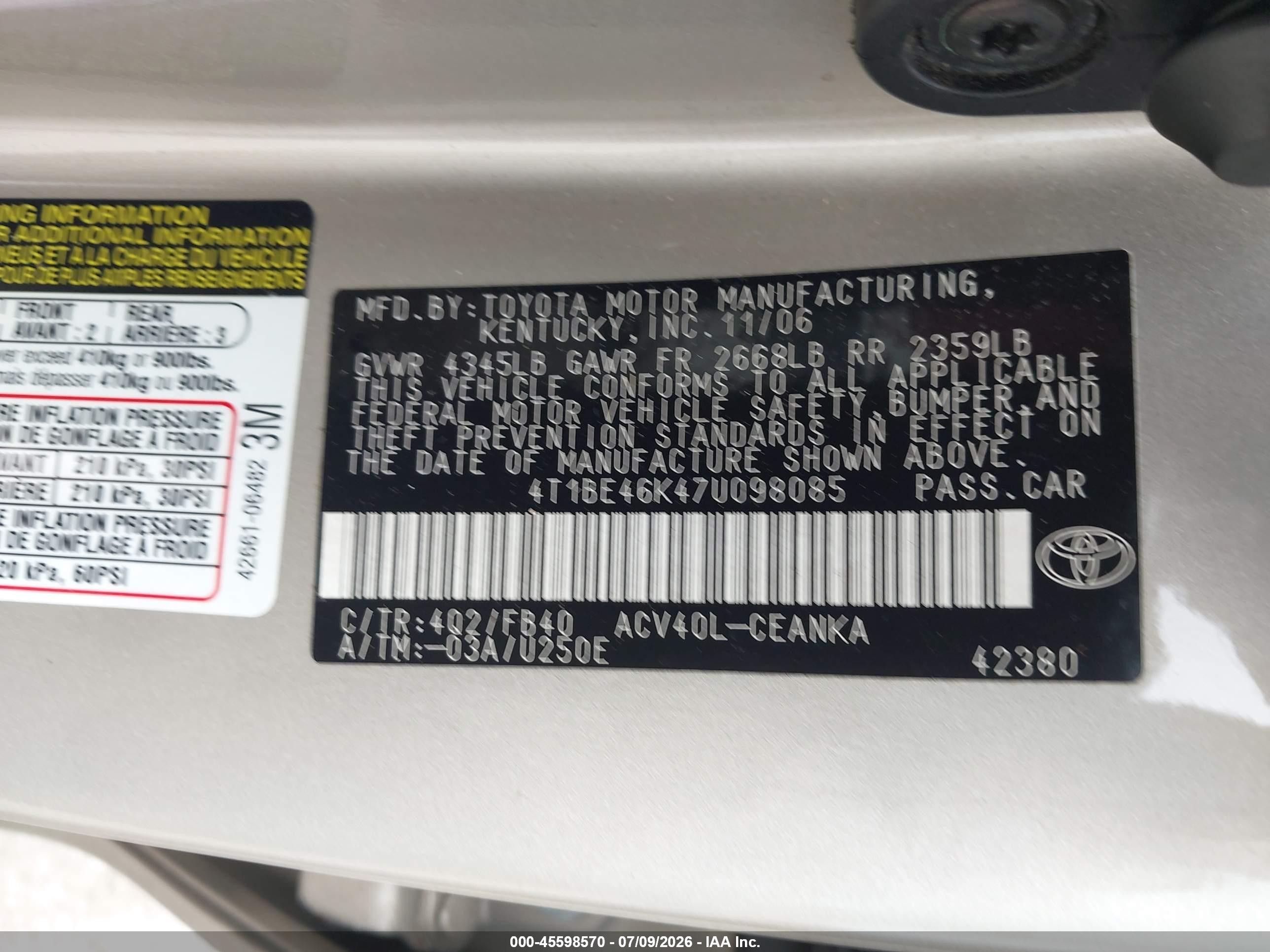 2007 Toyota Camry Le Gold vin: 4T1BE46K47U098085