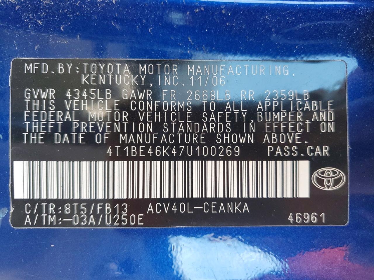 2007 Toyota Camry Le Blue vin: 4T1BE46K47U100269