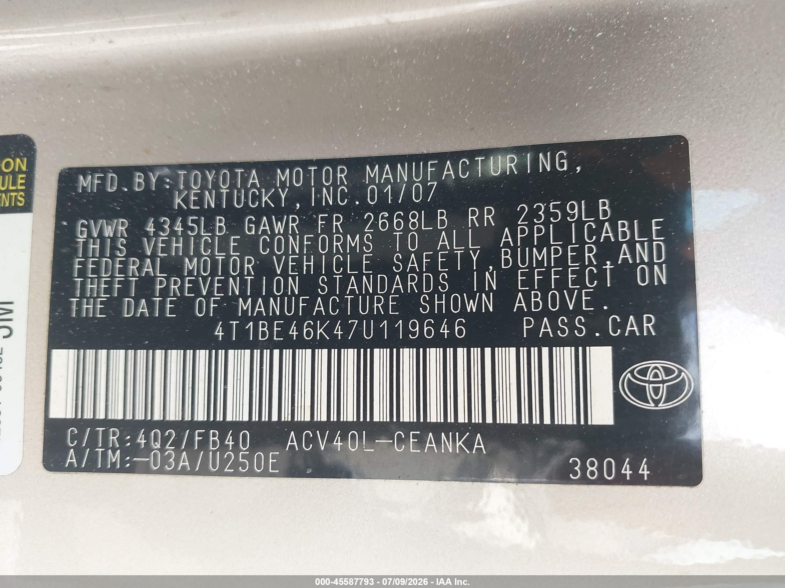 2007 Toyota Camry Le Champagne vin: 4T1BE46K47U119646