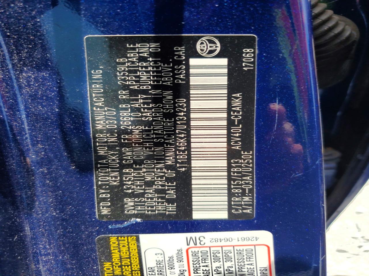 2007 Toyota Camry Le Blue vin: 4T1BE46K47U134230