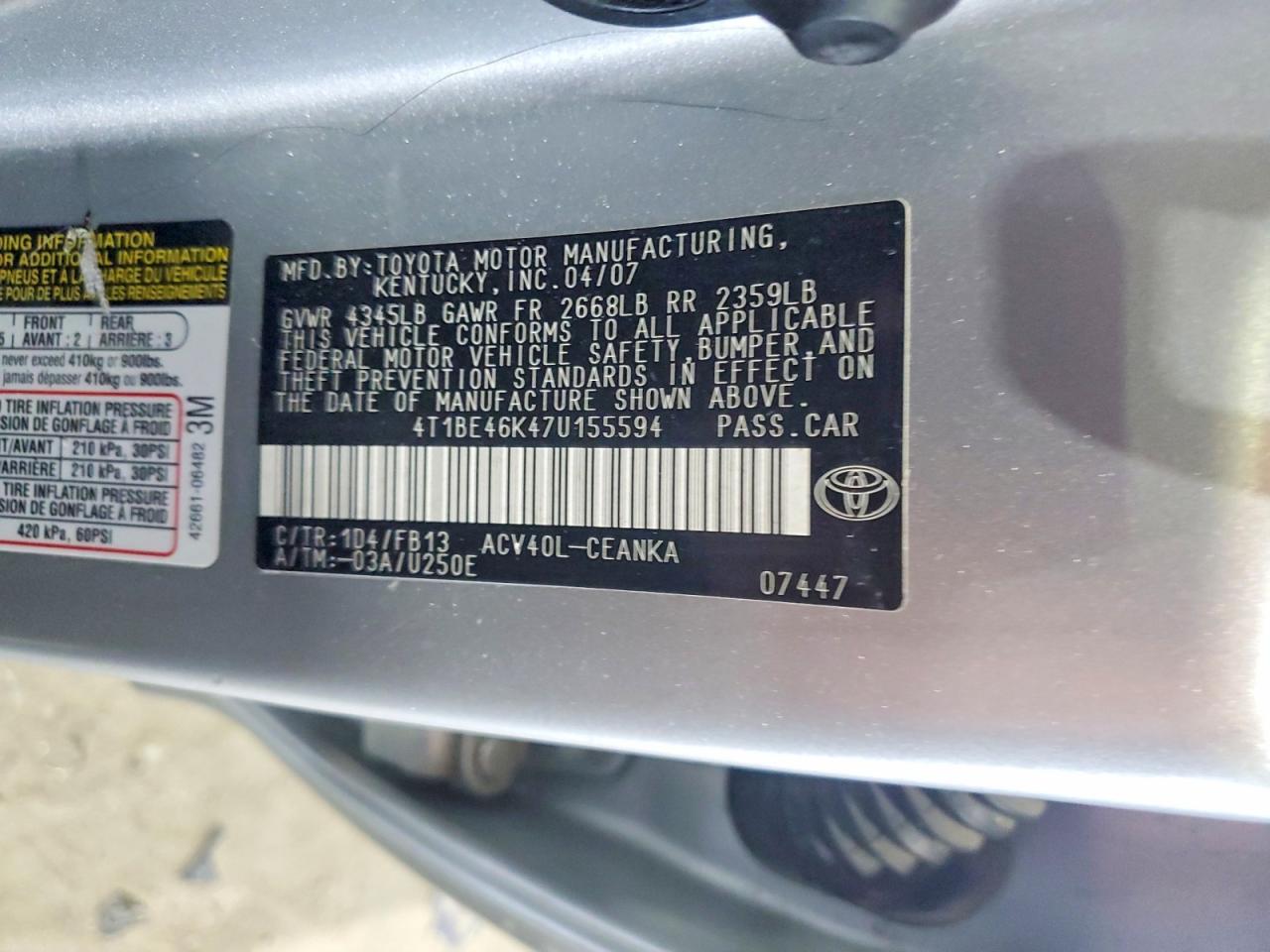 2007 Toyota Camry Le Silver vin: 4T1BE46K47U155594