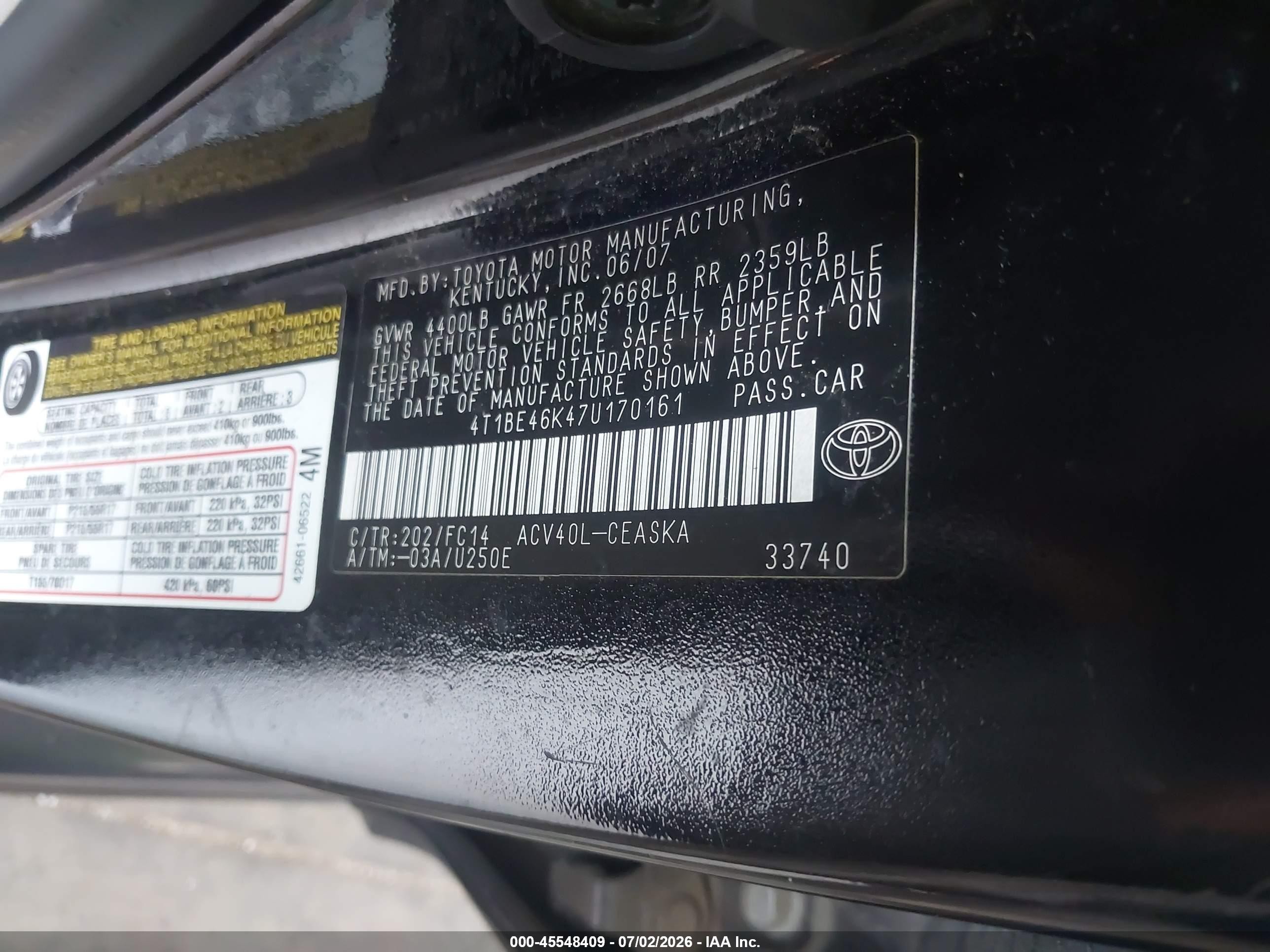 2007 Toyota Camry Se Black vin: 4T1BE46K47U170161