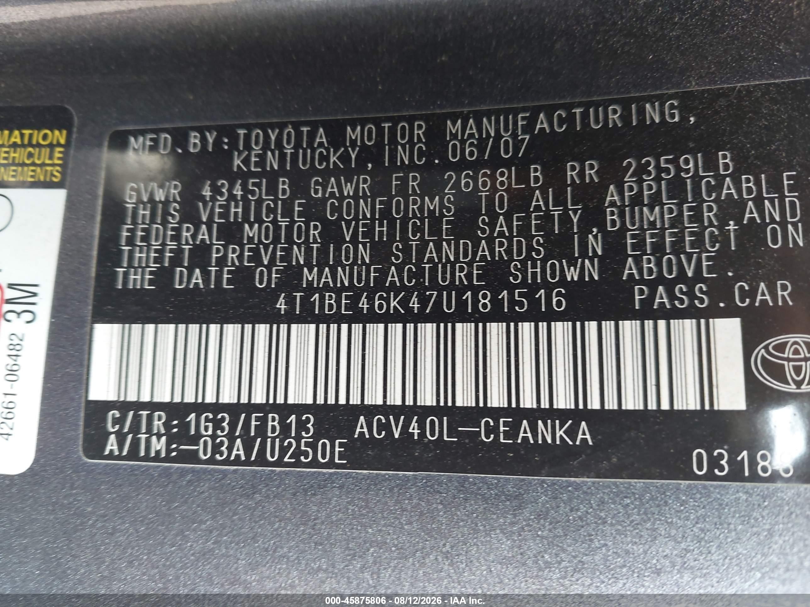2007 Toyota Camry Le Gray vin: 4T1BE46K47U181516