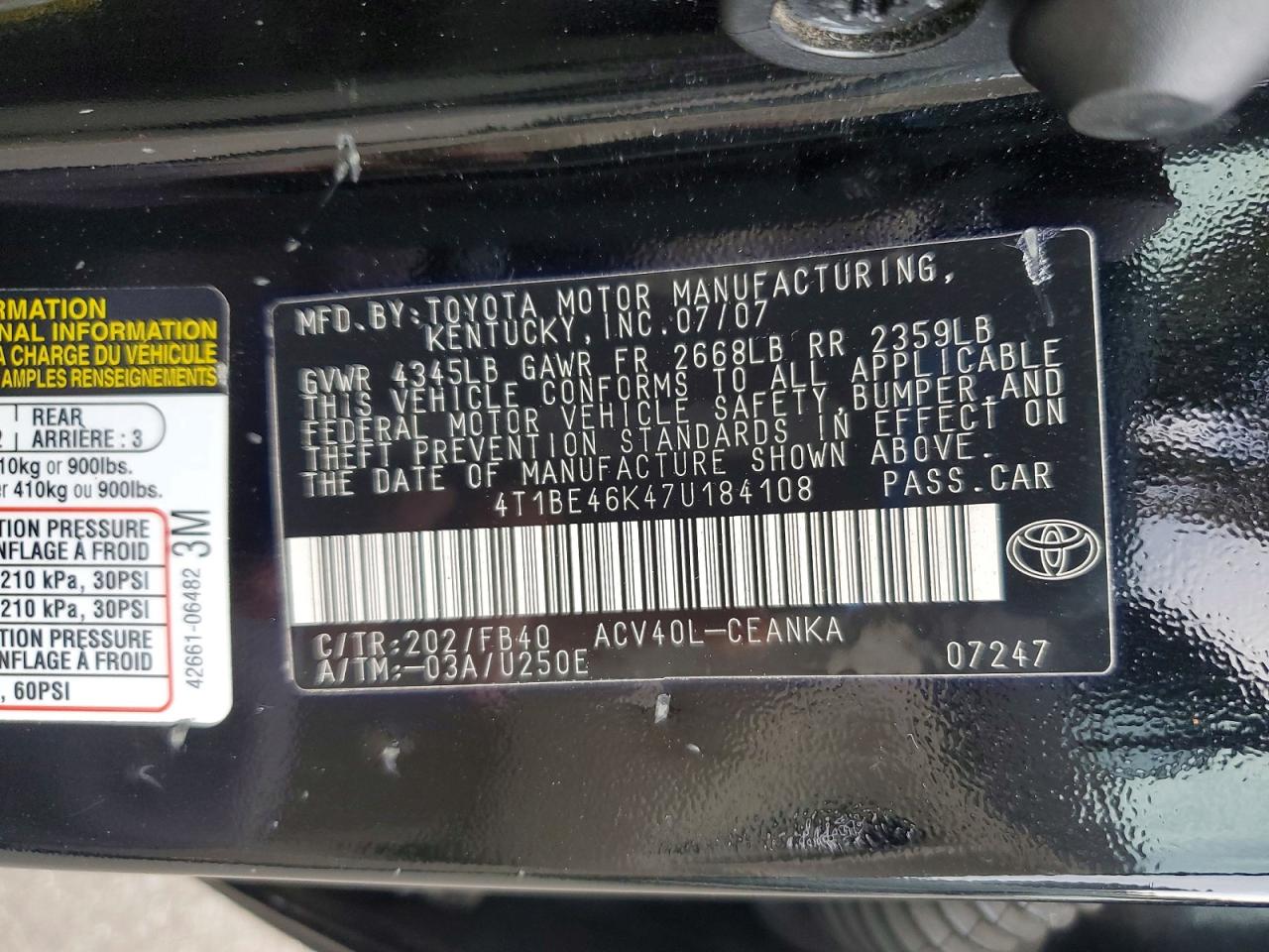 2007 Toyota Camry Le Black vin: 4T1BE46K47U184108