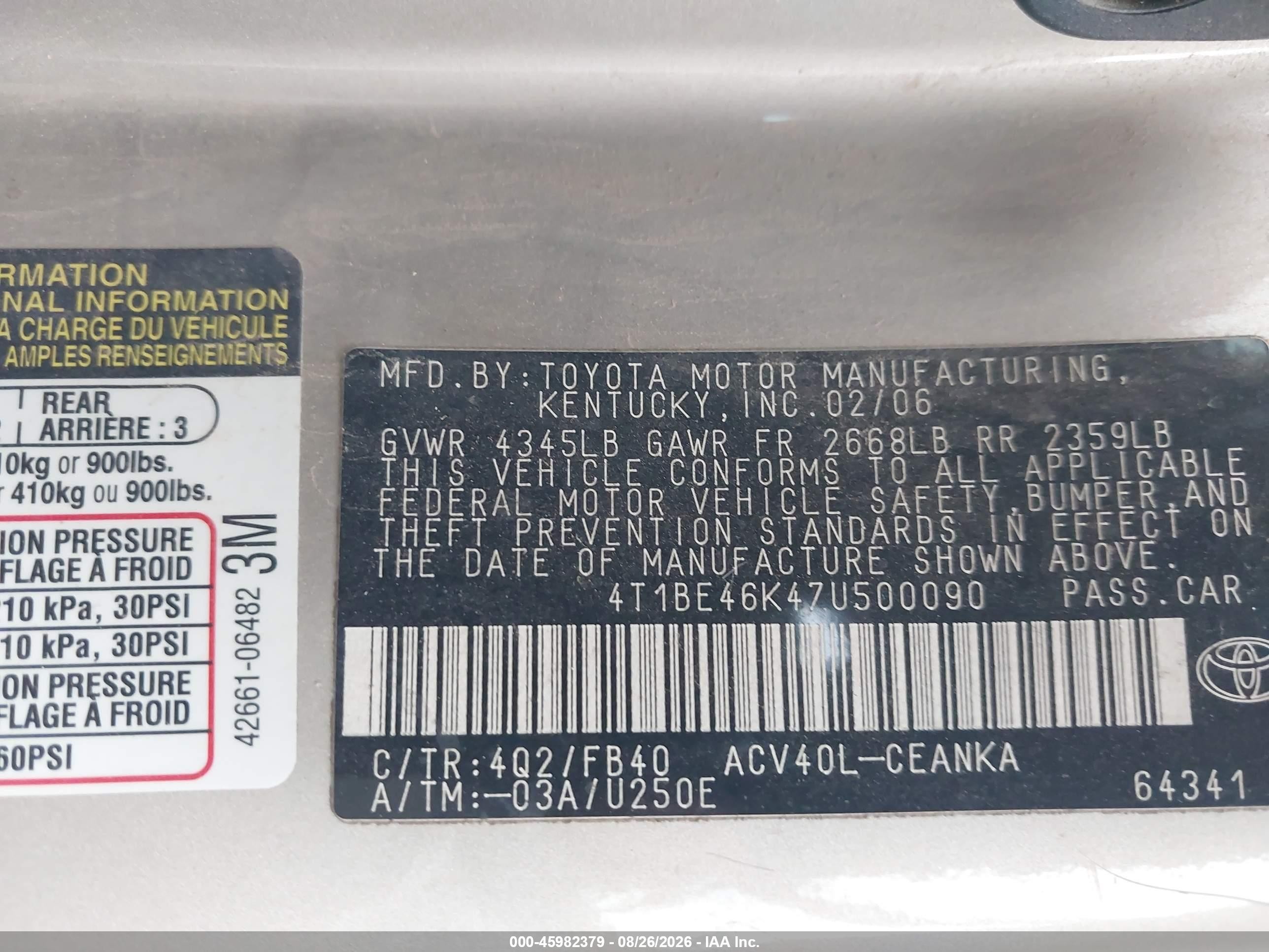 2007 Toyota Camry Le Tan vin: 4T1BE46K47U500090