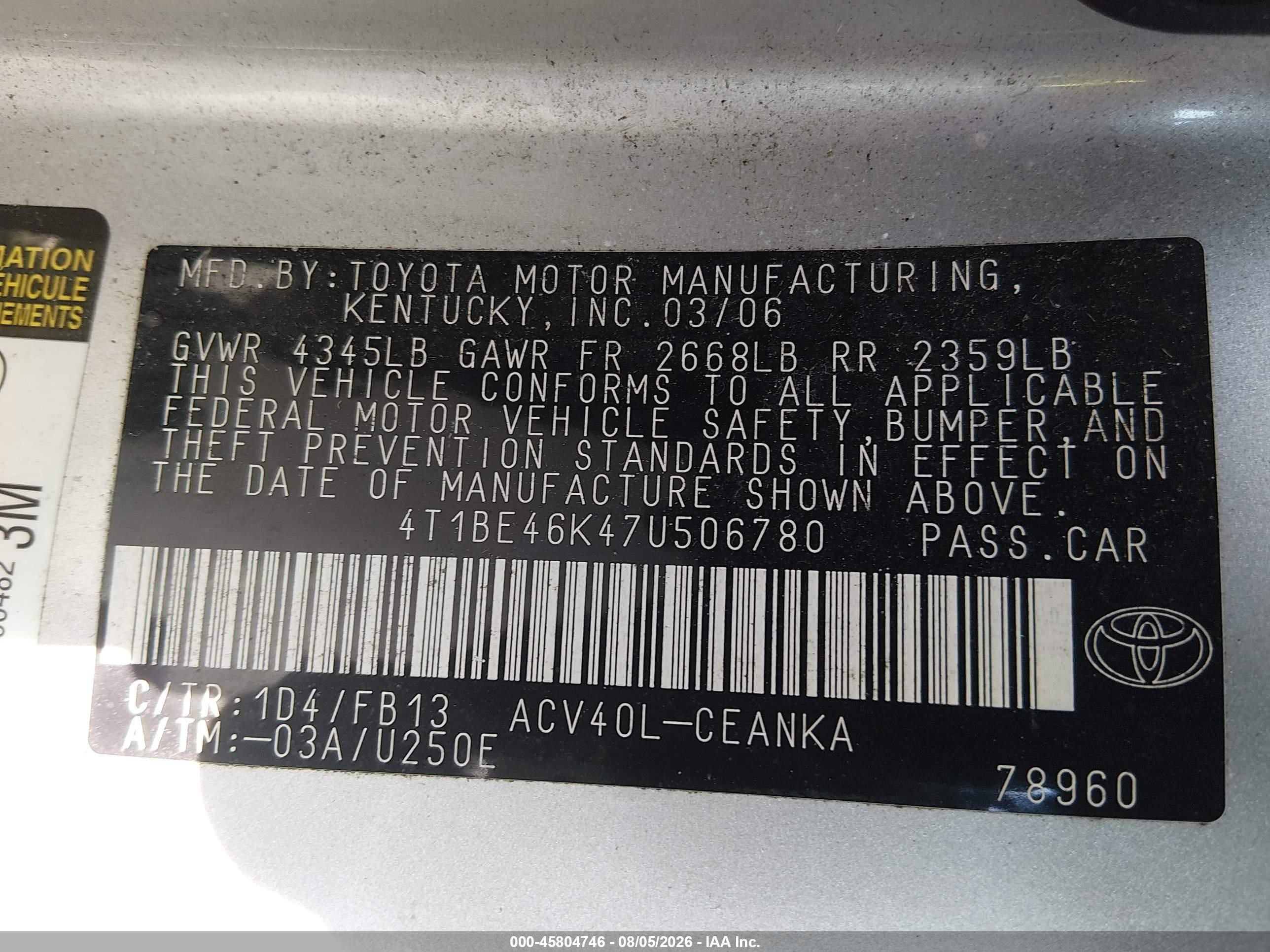 2007 Toyota Camry Ce/le/xle/se Серебряный vin: 4T1BE46K47U506780