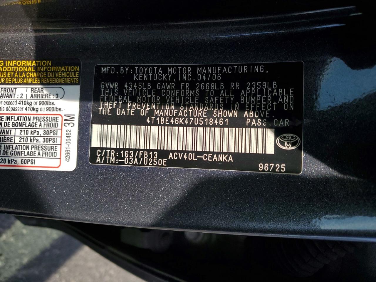 2007 Toyota Camry Le Gray vin: 4T1BE46K47U518461