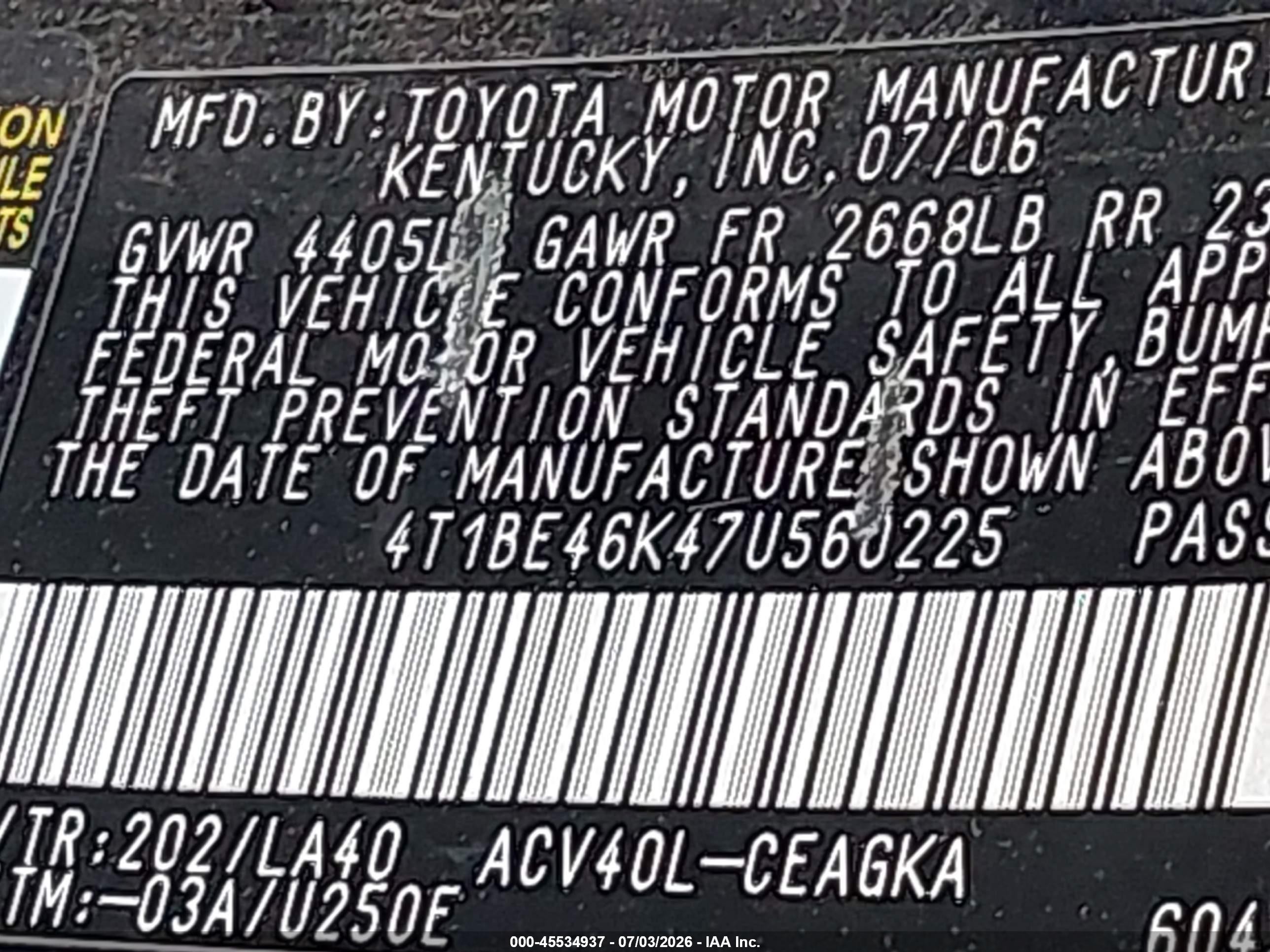 2007 Toyota Camry Xle Black vin: 4T1BE46K47U560225
