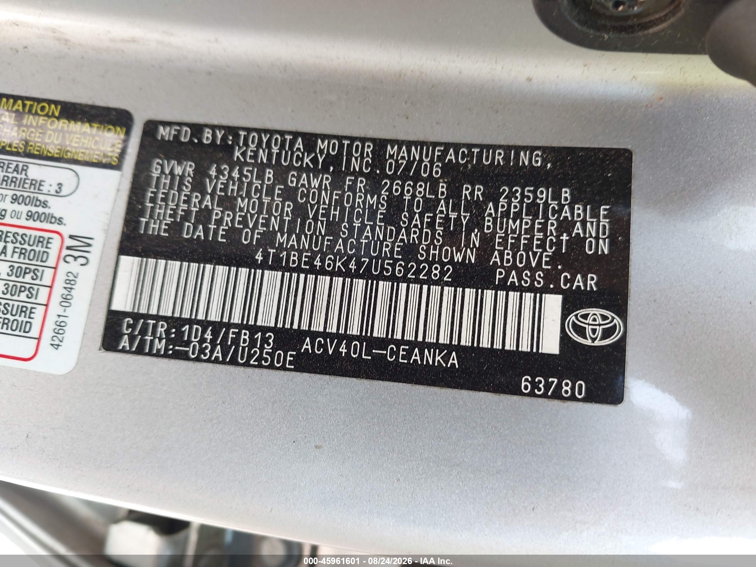 2007 Toyota Camry Le Silver vin: 4T1BE46K47U562282