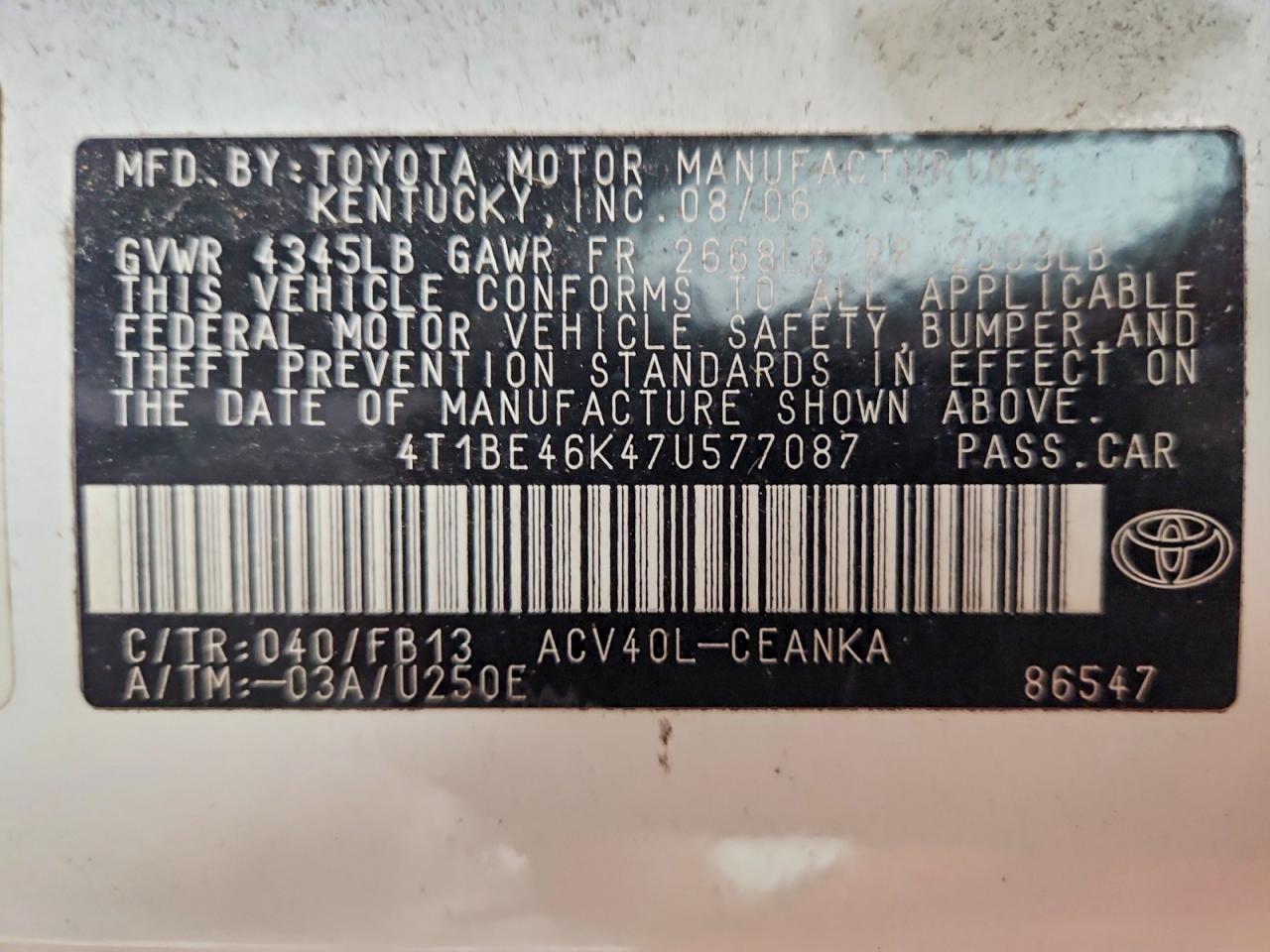 2007 Toyota Camry Ce White vin: 4T1BE46K47U577087