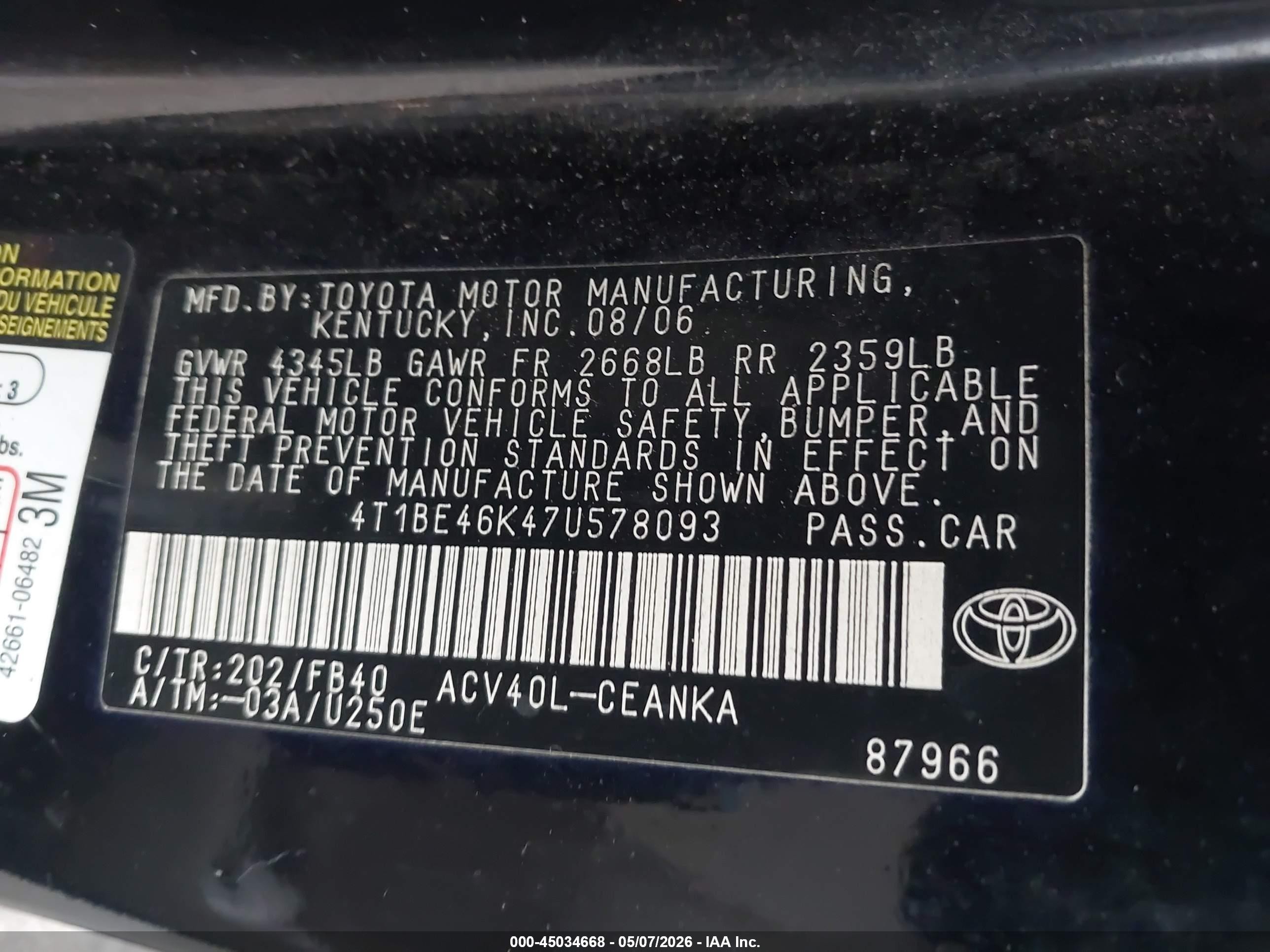 2007 Toyota Camry Le Черный vin: 4T1BE46K47U578093