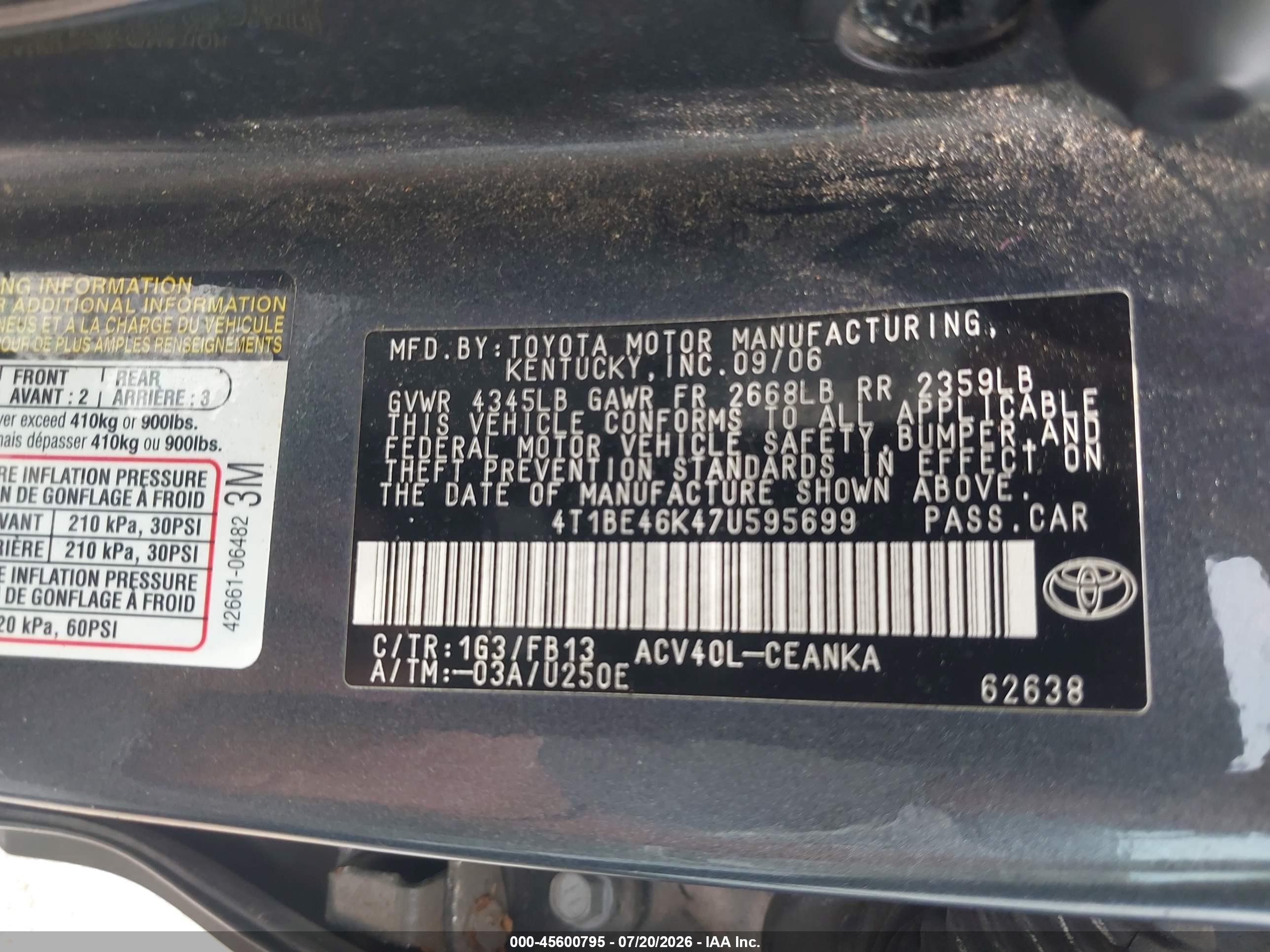 2007 Toyota Camry Le Gray vin: 4T1BE46K47U595699