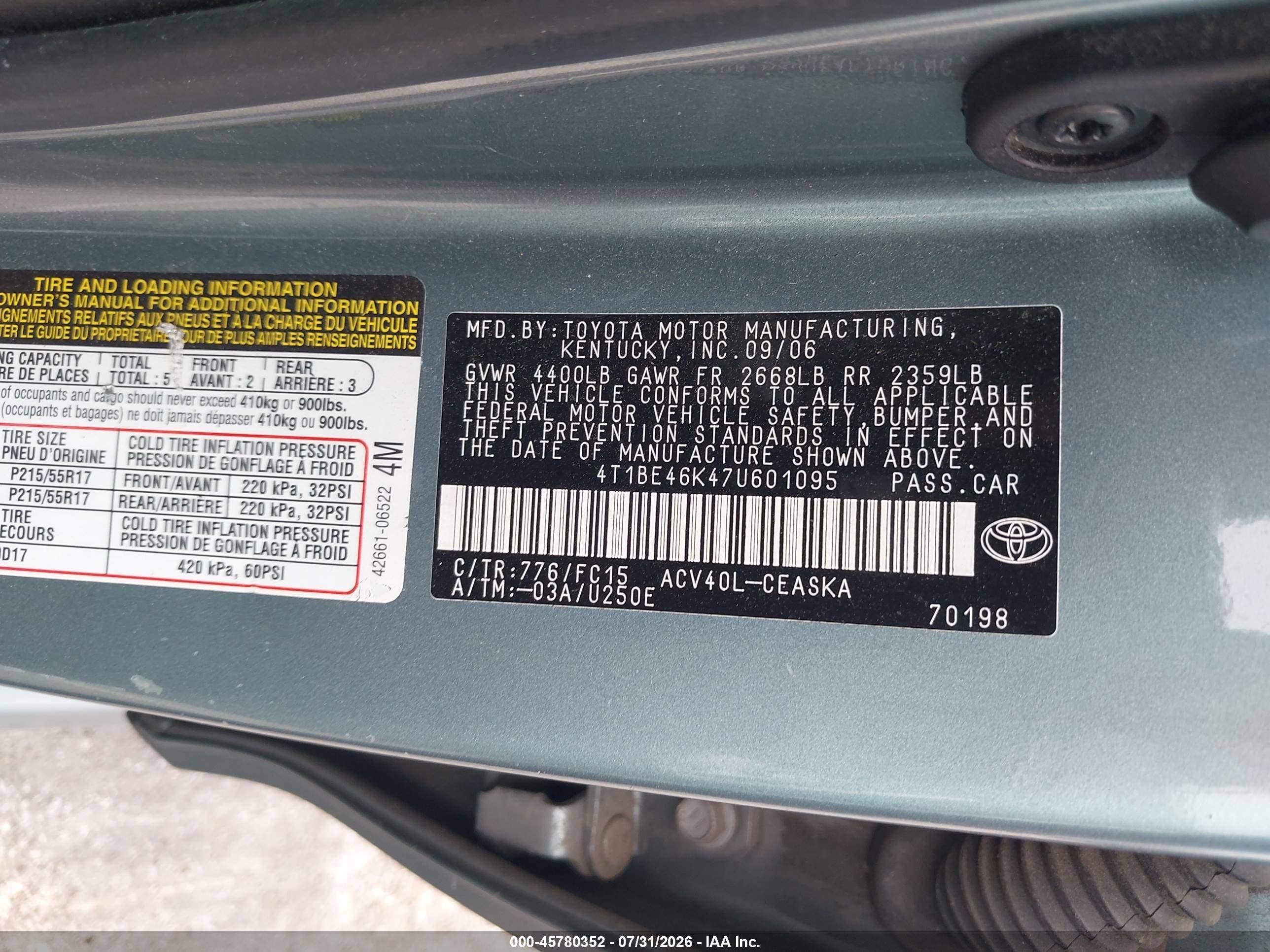 2007 Toyota Camry Se Green vin: 4T1BE46K47U601095