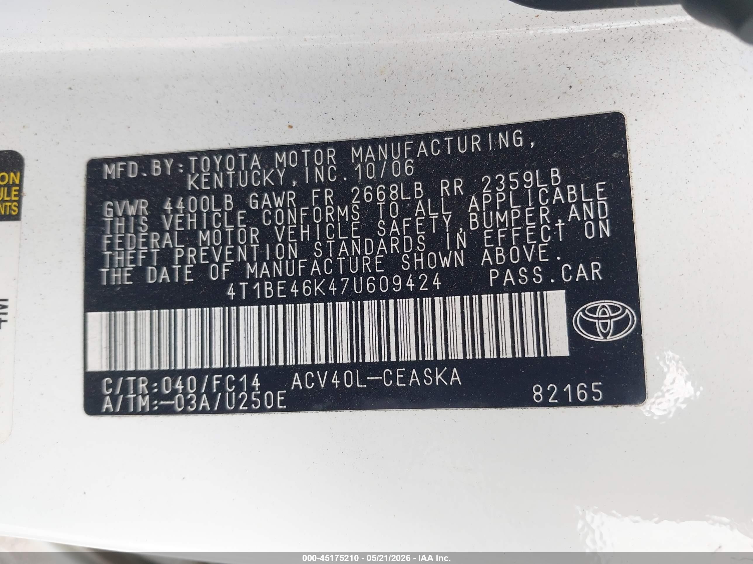 2007 Toyota Camry Se White vin: 4T1BE46K47U609424