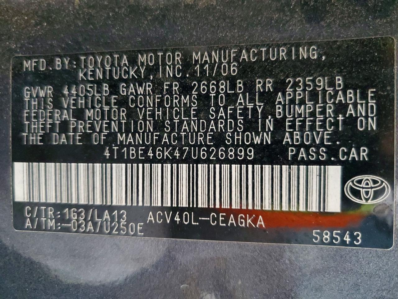 2007 Toyota Camry Xle Gray vin: 4T1BE46K47U626899