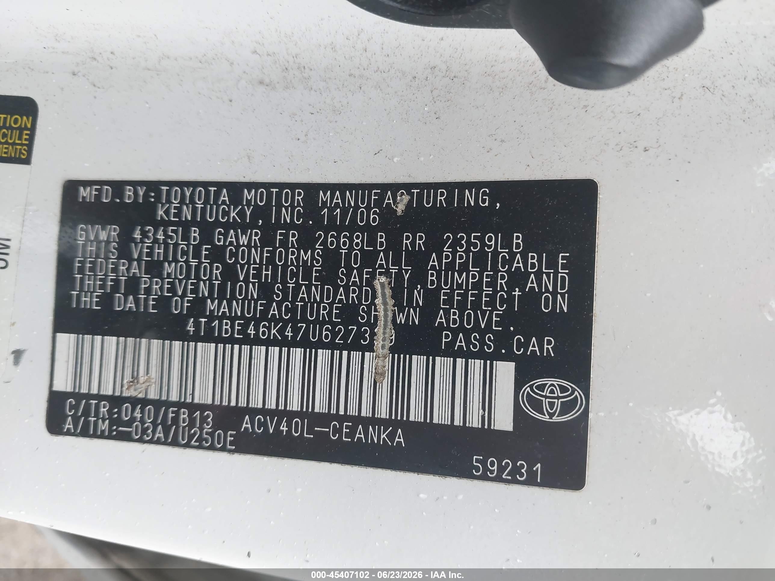 2007 Toyota Camry Le White vin: 4T1BE46K47U627339