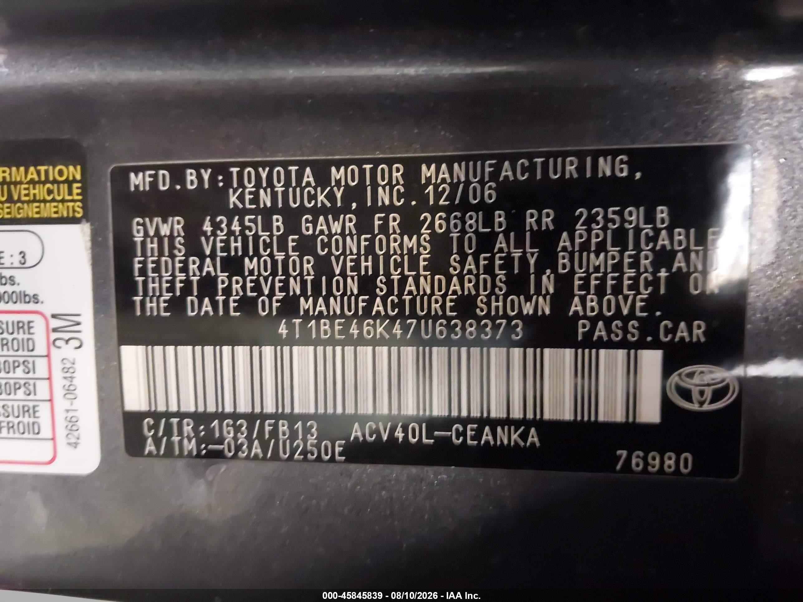 2007 Toyota Camry Le Серый vin: 4T1BE46K47U638373