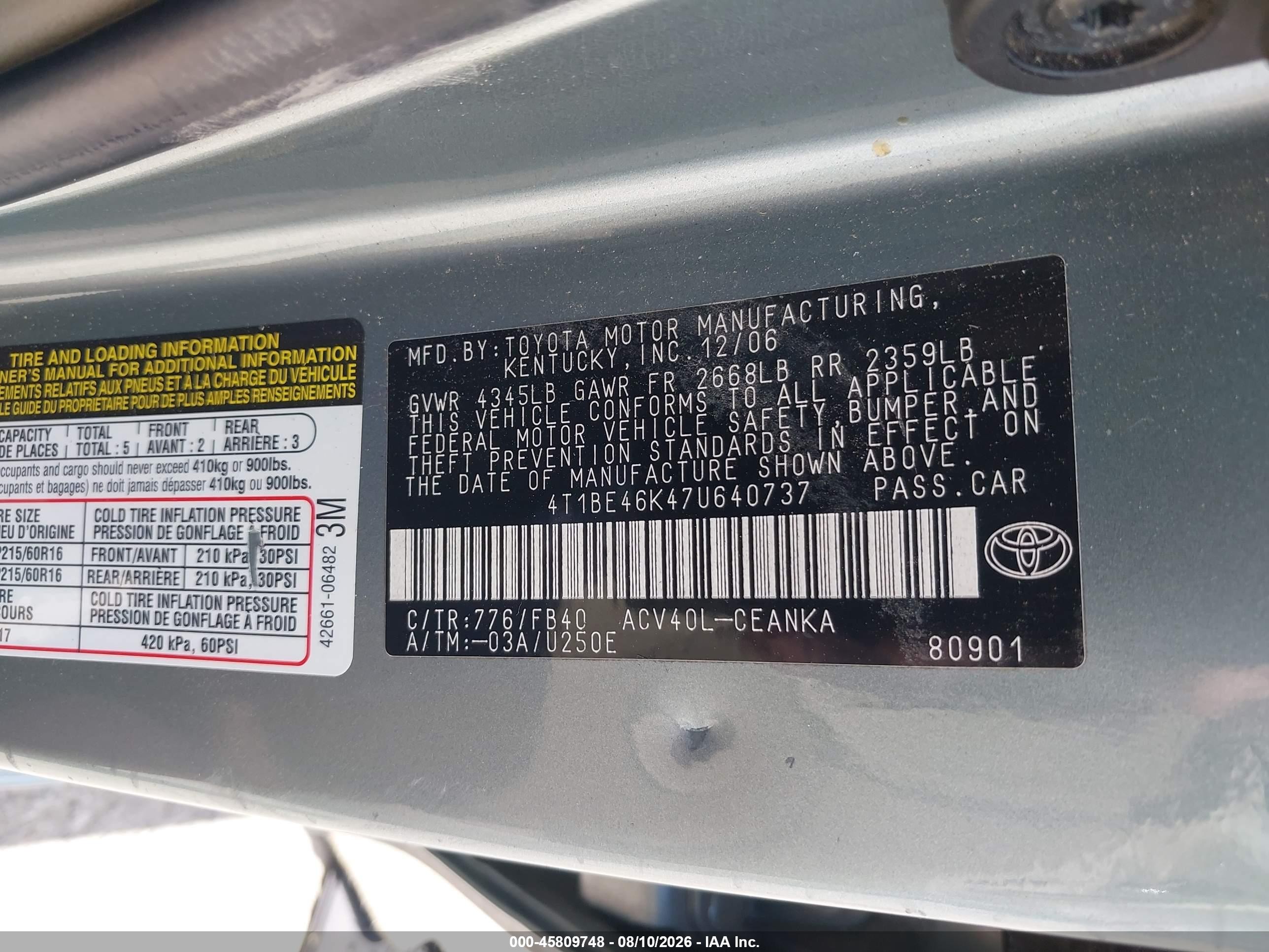 2007 Toyota Camry Le Blue vin: 4T1BE46K47U640737